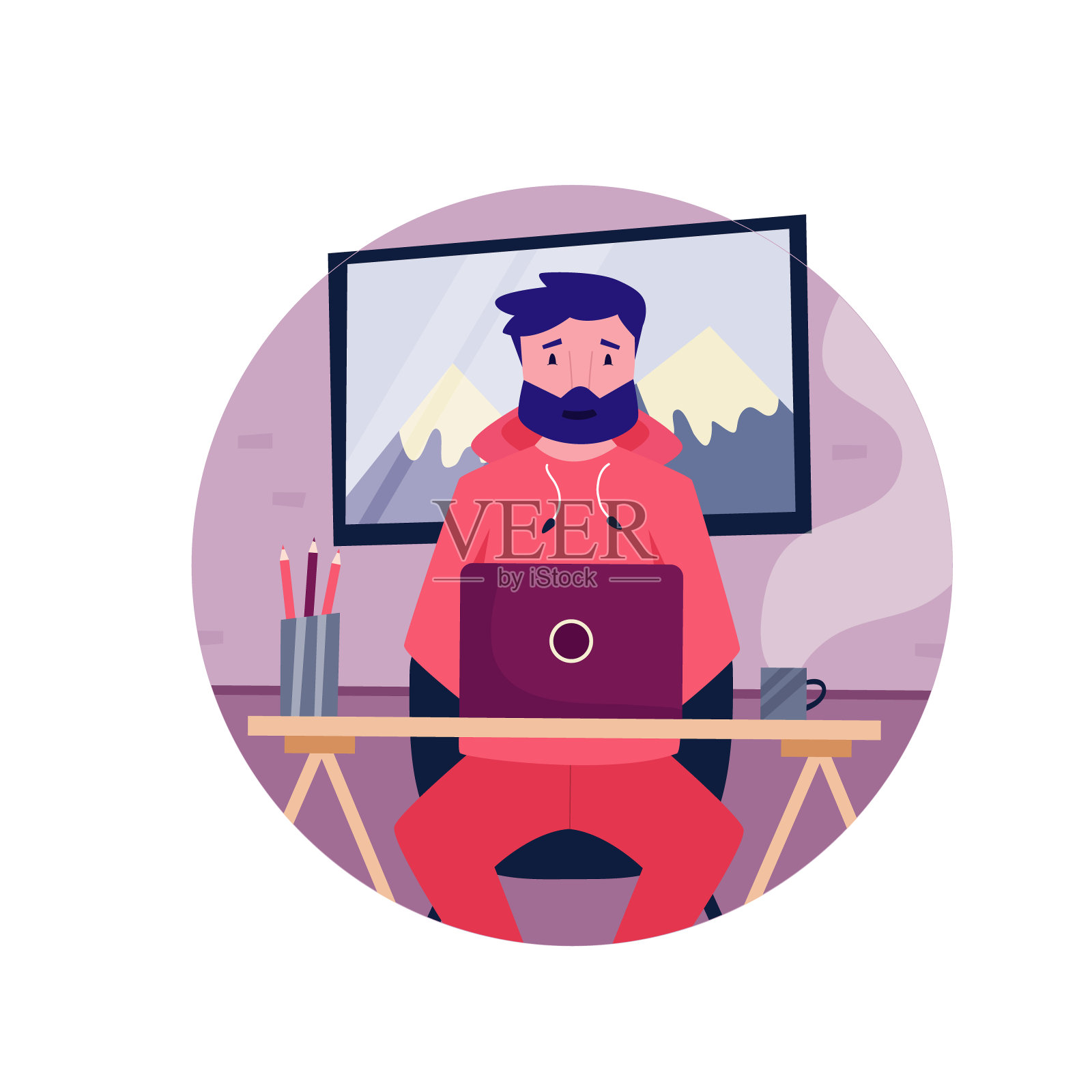 年轻的自雇潮男在家远程工作。矢量插图。家庭办公室的概念插画图片素材