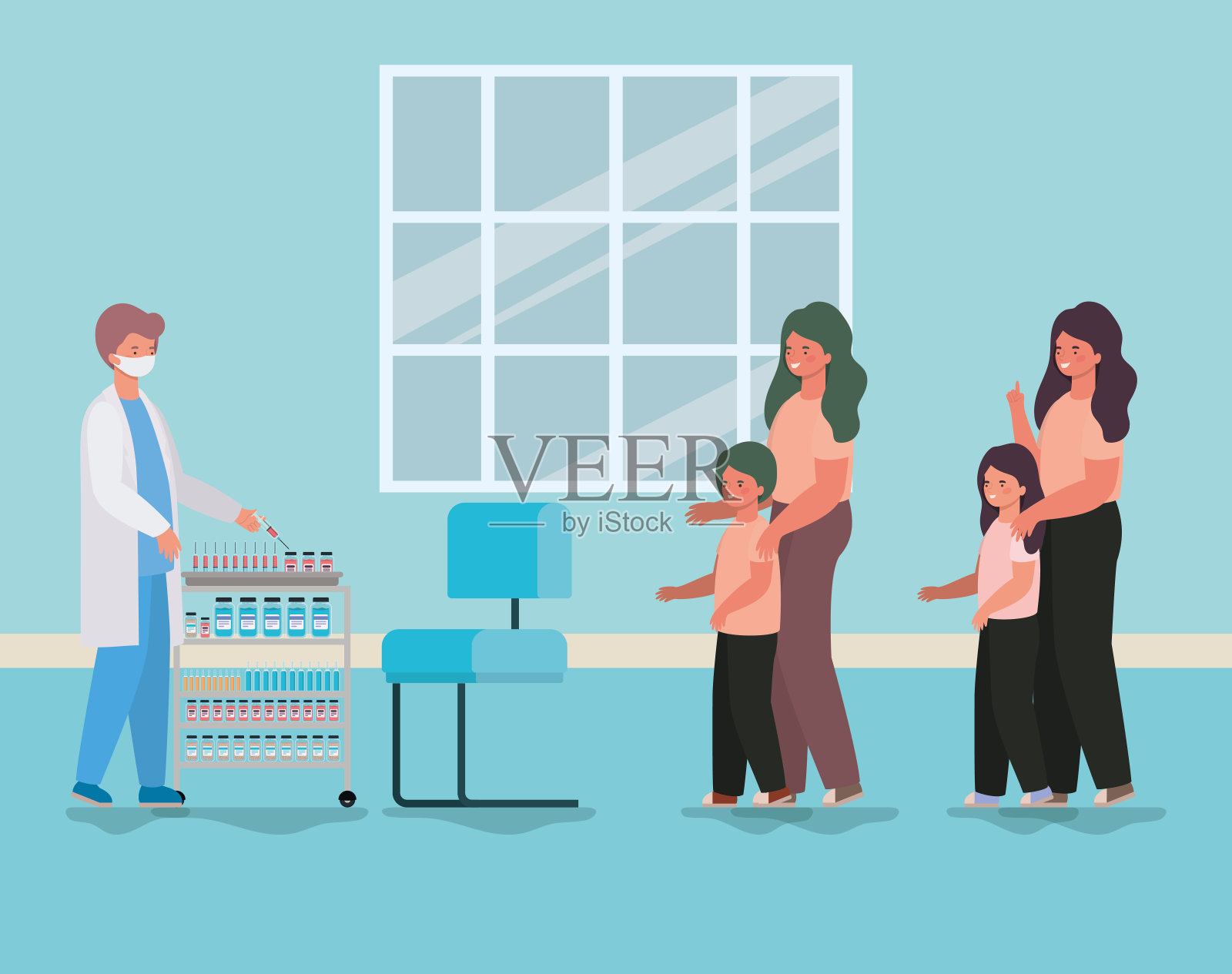 男性医生接种男孩和女孩与母亲载体设计插画图片素材