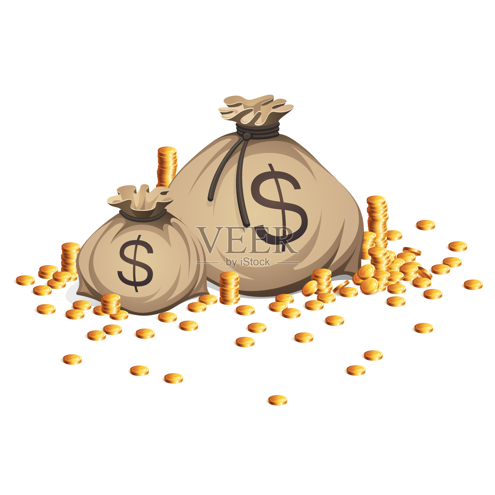 袋的钱。金币堆栈。商业插图孤立在白色背景。插画图片素材