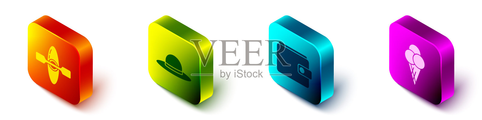 设置等距皮艇或独木舟,优雅的妇女帽子,钱包和冰淇淋在华夫蛋筒图标。向量图标素材