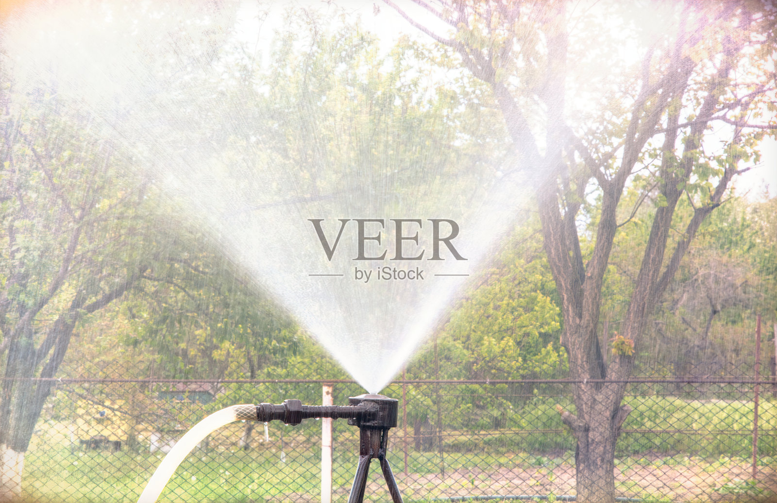 古老的乡村浇水系统在春天的花园照片摄影图片