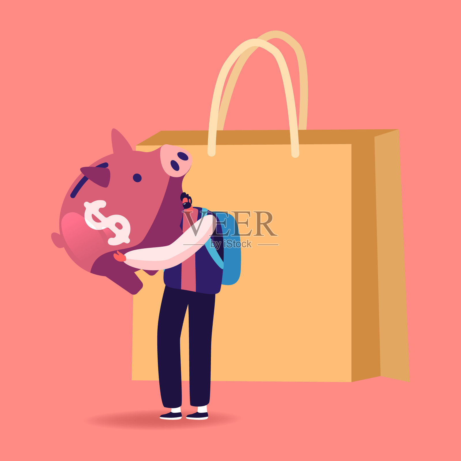 小男人拥抱巨大的储蓄罐站在购物纸袋。节约财政预算,在储蓄箱里收钱,减少消费,开设银行存款。卡通矢量图插画图片素材