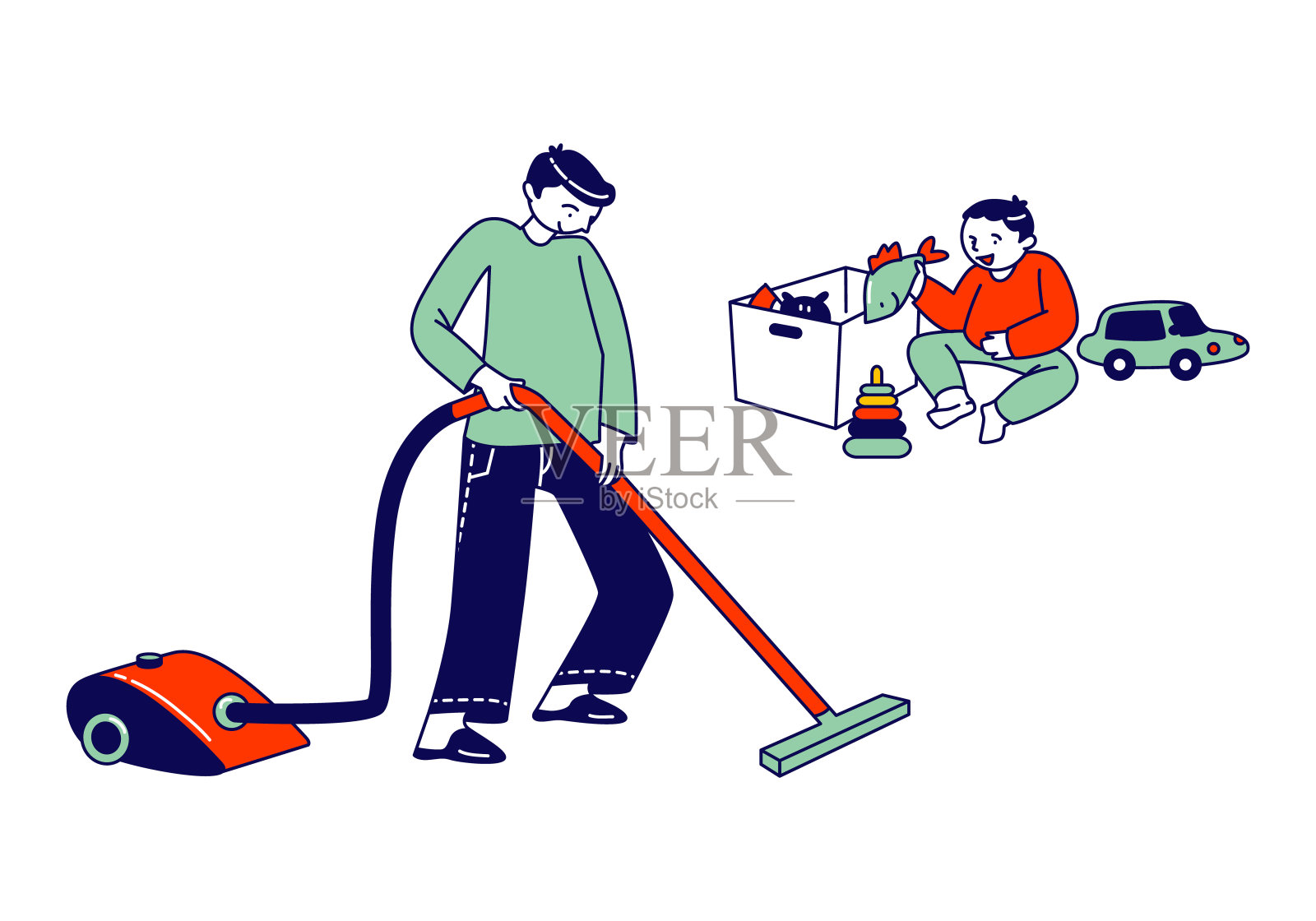 男孩的性格做家务,清洁地板婴儿坐在地毯上。儿童助手在客厅用吸尘器吸尘。每天例行公事,周末家务。线性向量插图设计元素图片