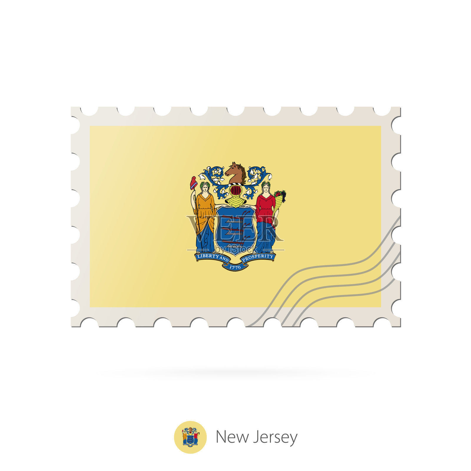 邮票上印有新泽西州国旗的图案。插画图片素材