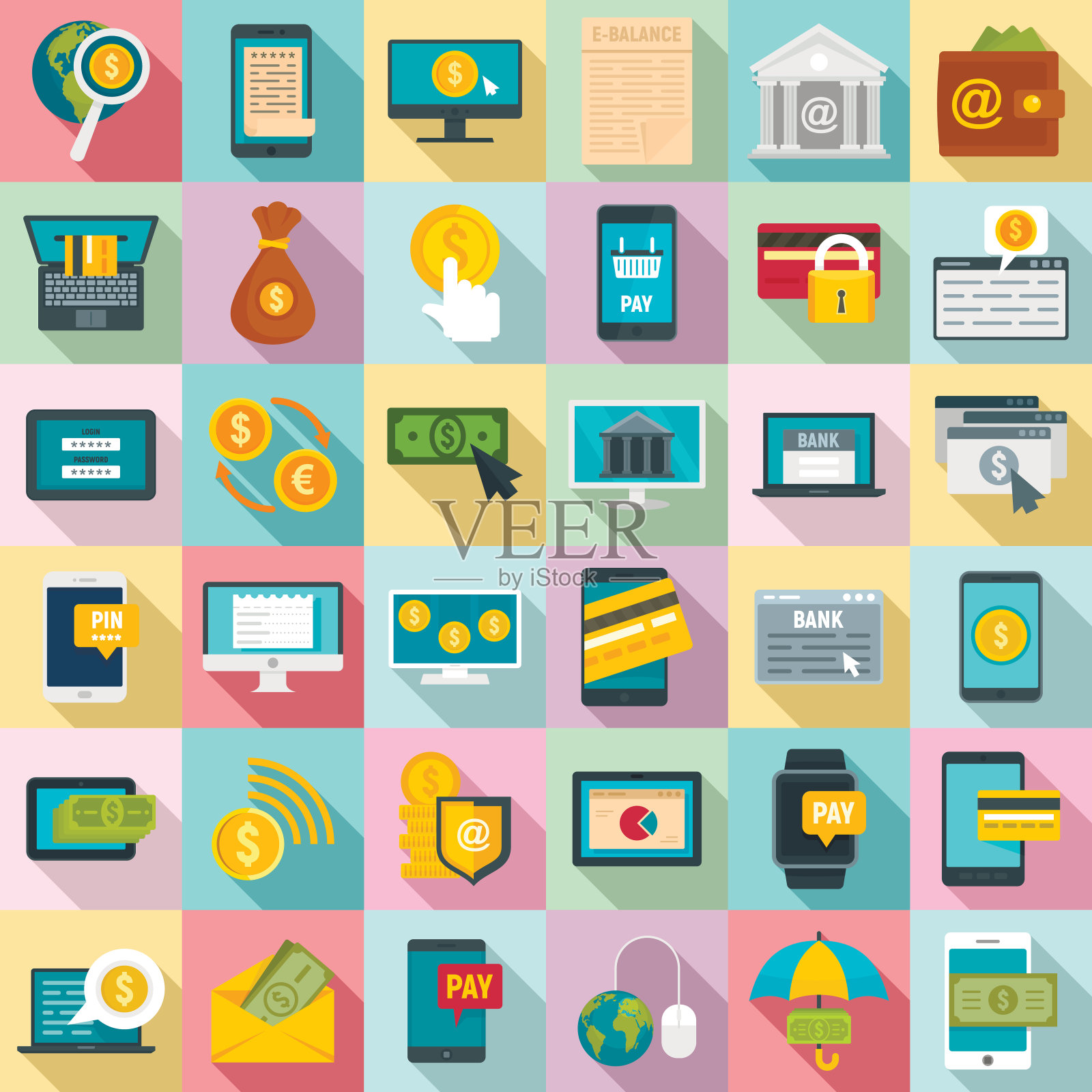 网上银行图标设置,平面风格插画图片素材