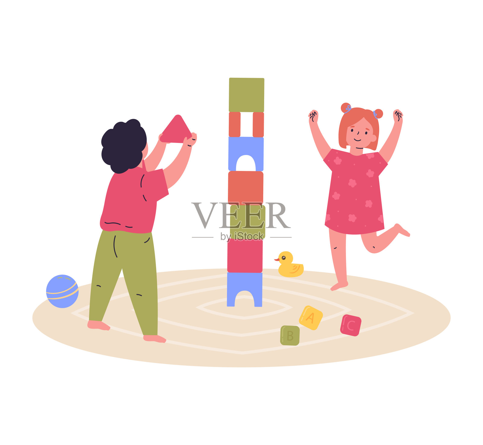 孩子们一起玩,搭起一座立方体塔插画图片素材