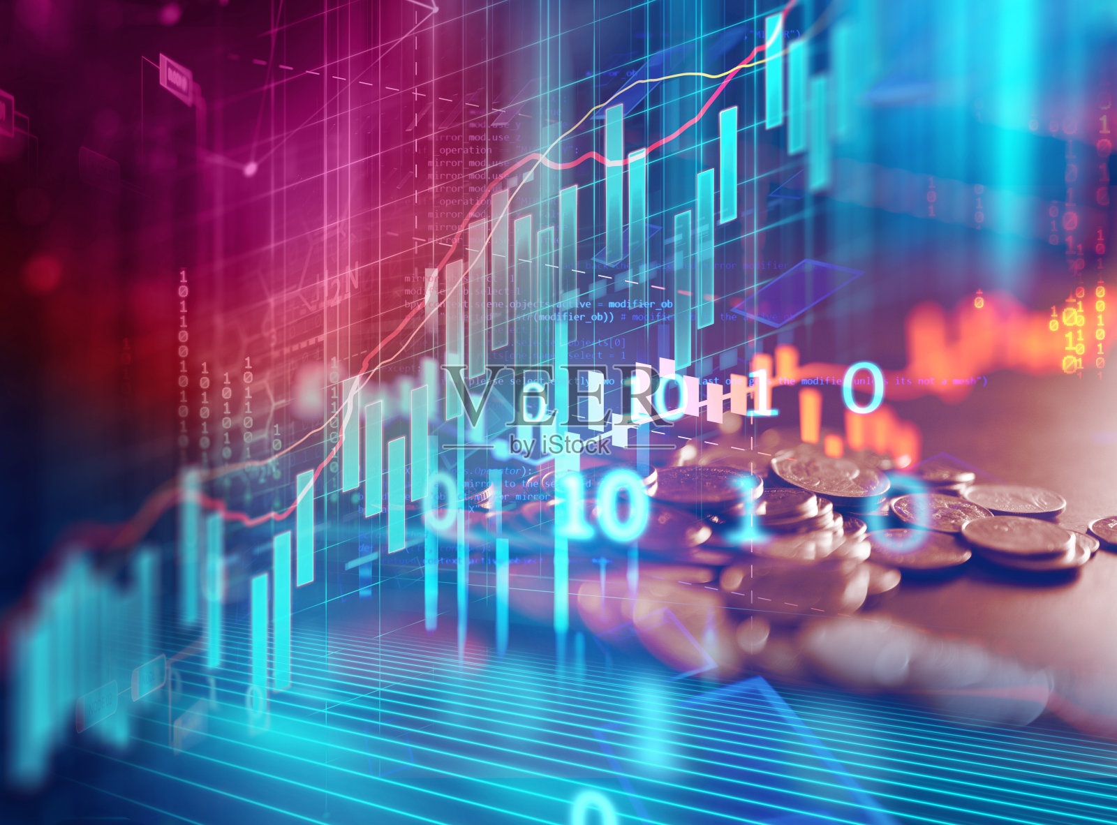 双重曝光图像的股票市场投资图形和硬币堆叠。照片摄影图片