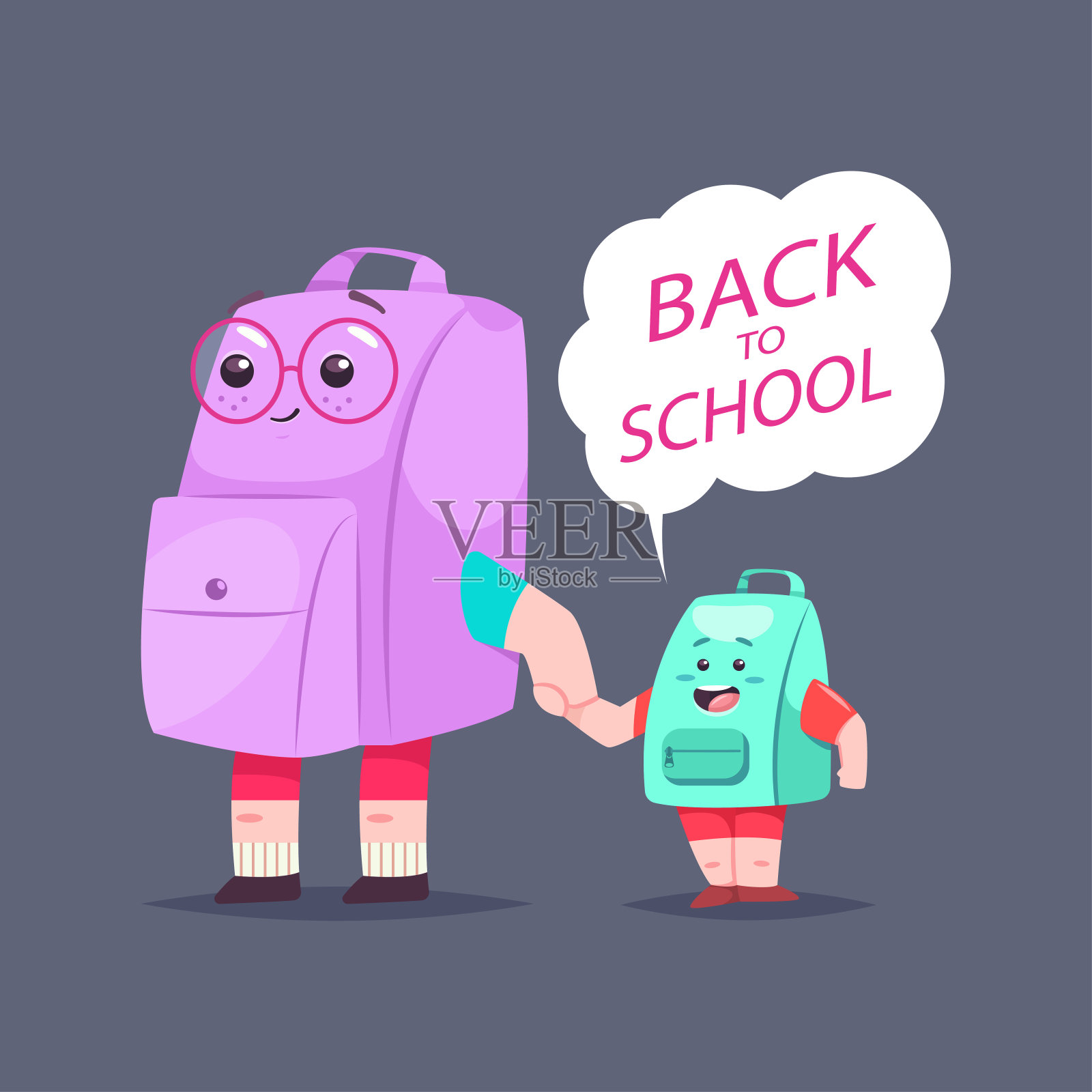回到学校插图。矢量卡通可爱的背包人物与孩子和语音泡泡。插画图片素材