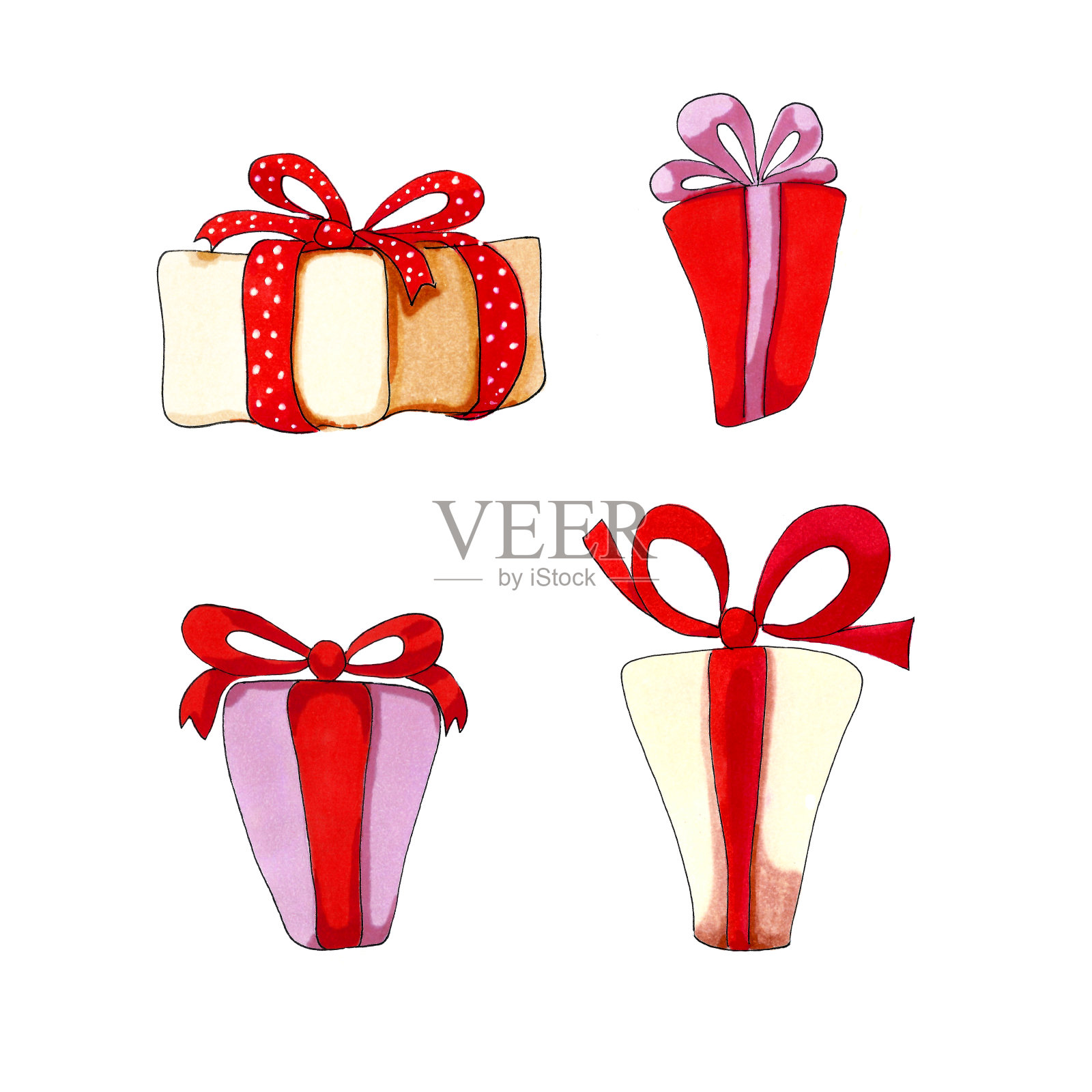 圣诞套装四个彩色礼品盒与丝带。插画图片素材