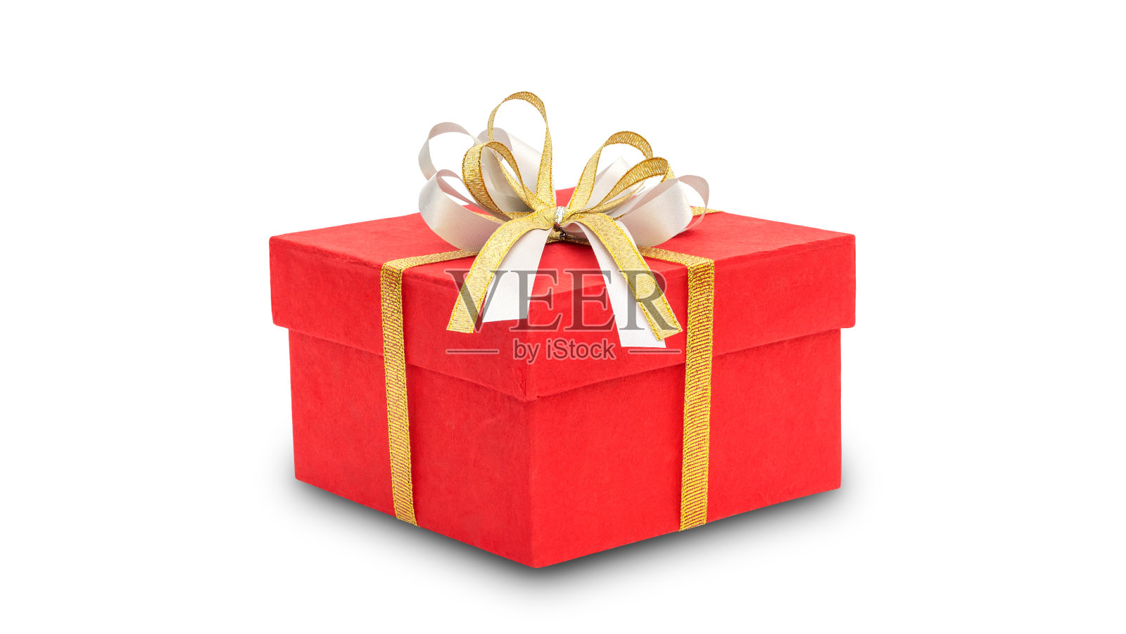 红色礼盒和白色背景上的金色丝带。照片摄影图片