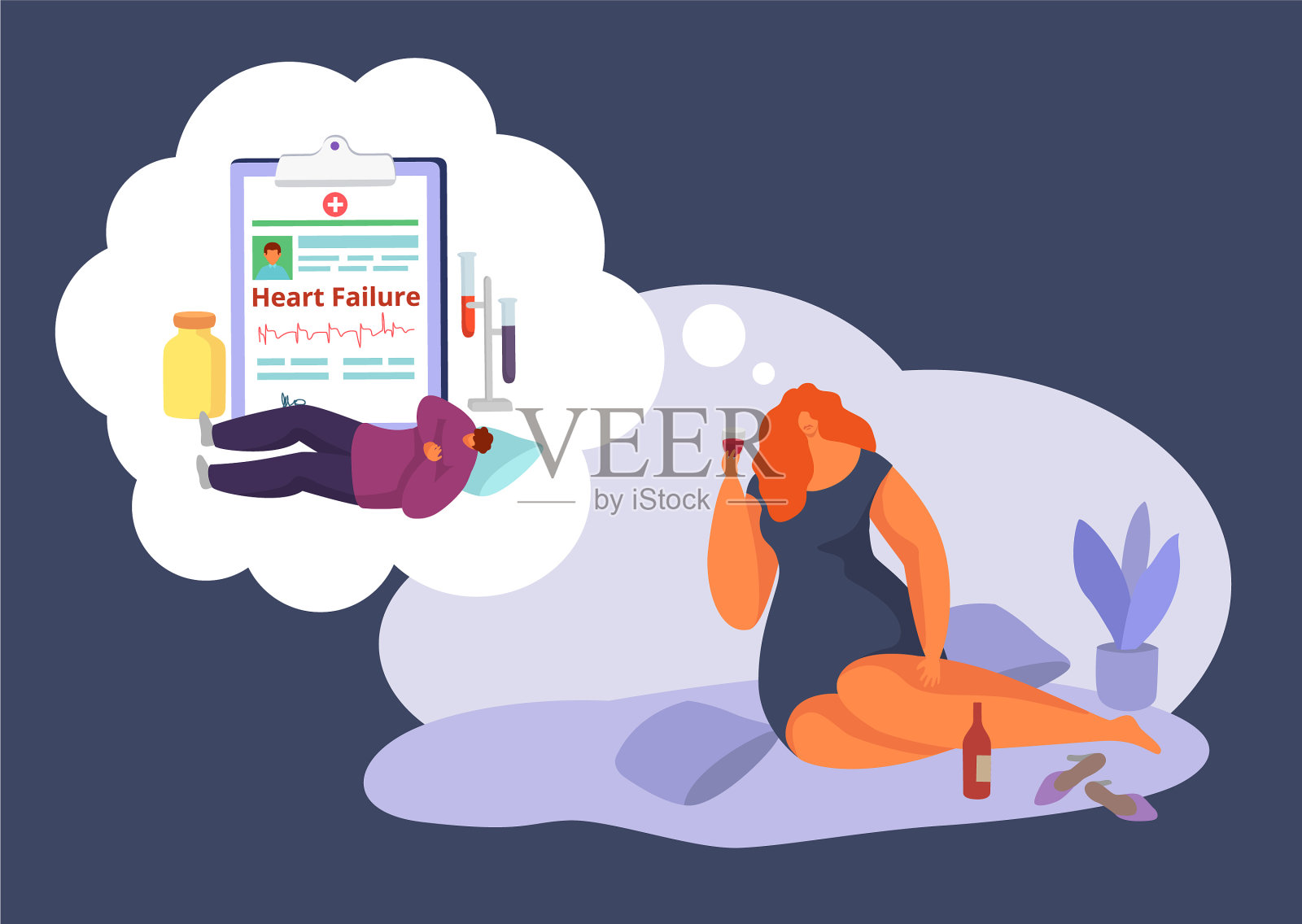 心力衰竭,酗酒会让女人插画图片素材