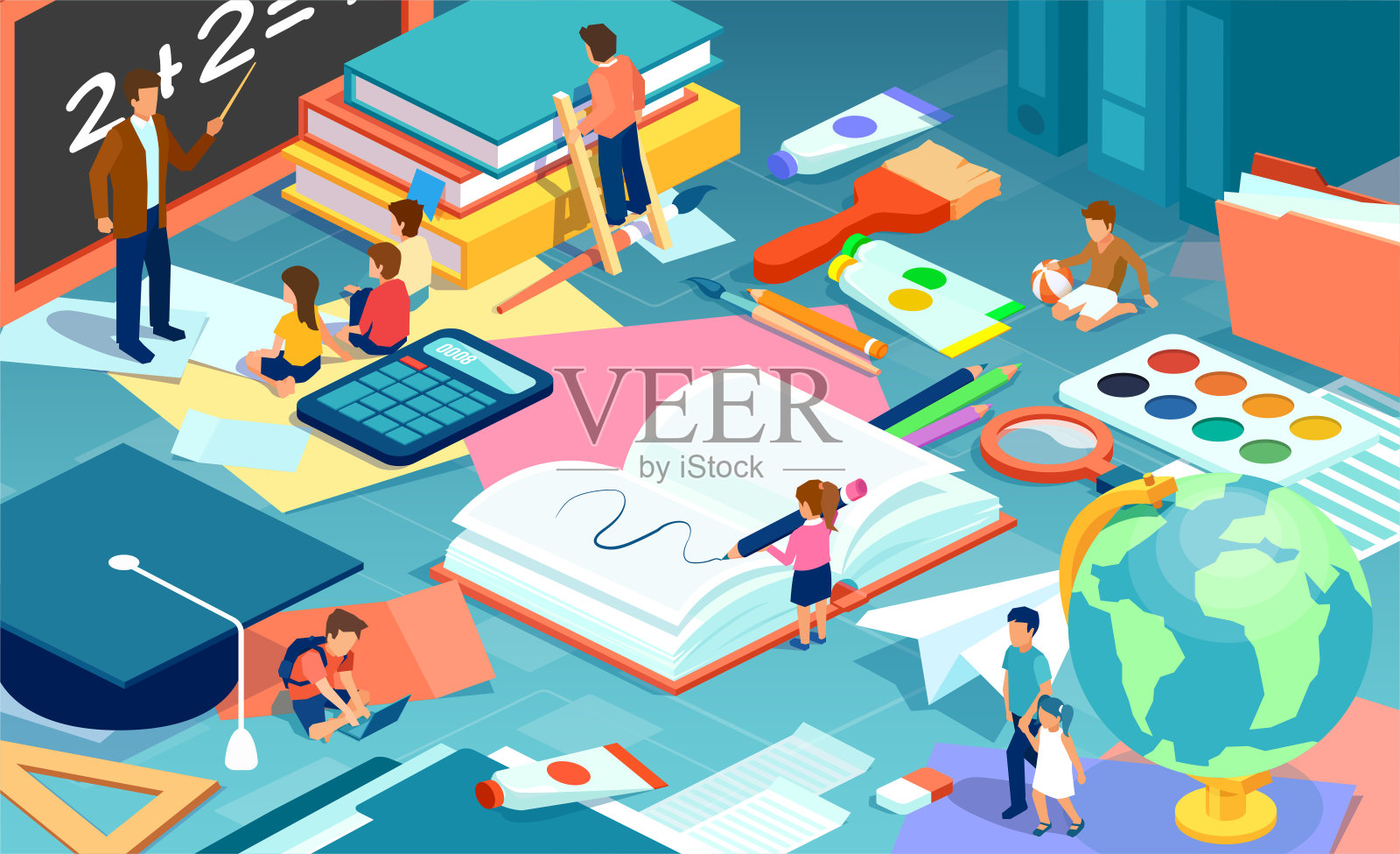等距矢量老师讲解班级和孩子一起学习和玩耍,周围的书籍,和学校用品设计模板素材