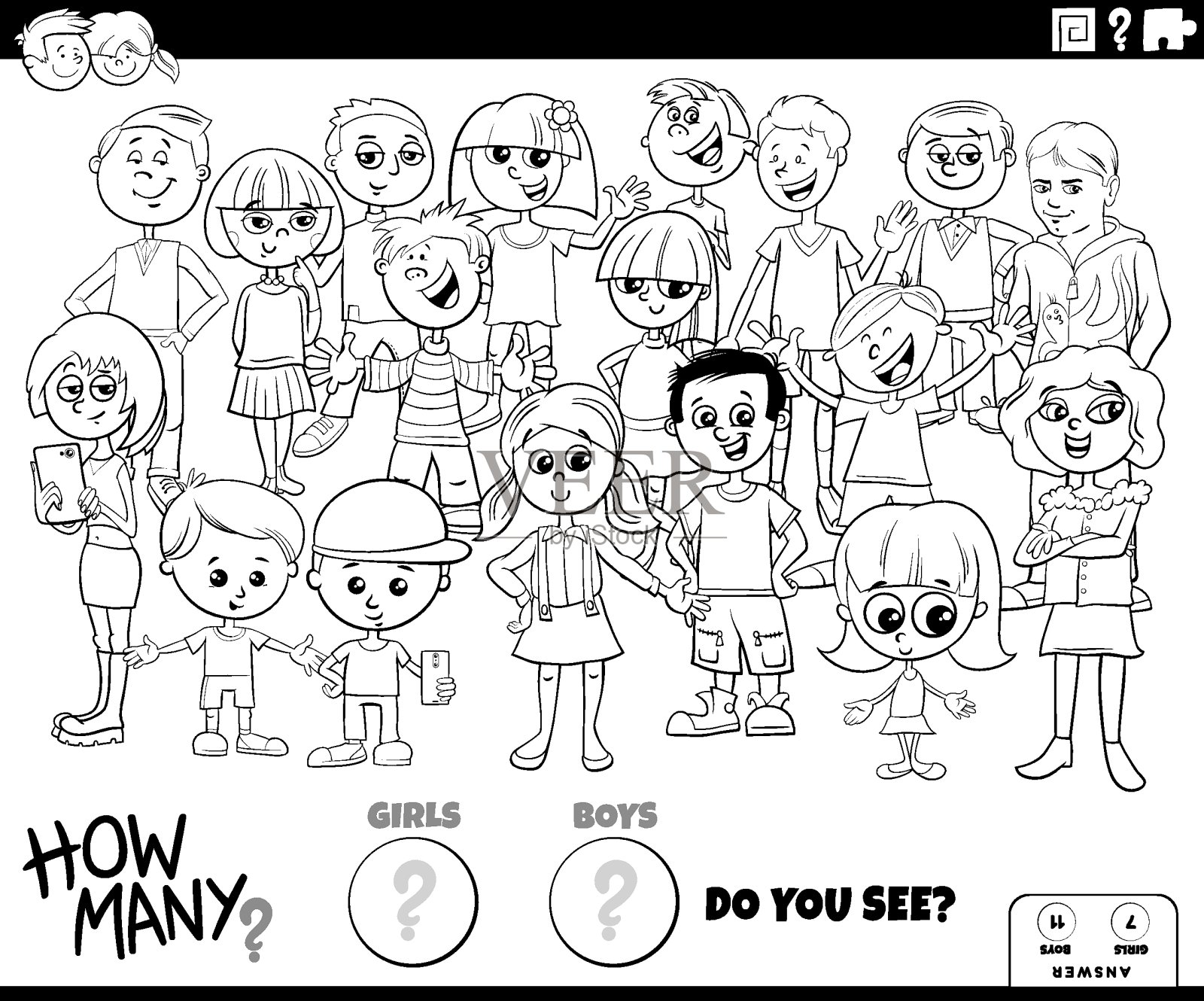 数女孩和男孩的教育游戏彩色书页插画图片素材