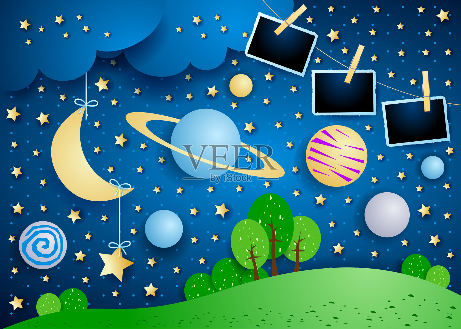 超现实的天空,行星,悬挂的月亮和相框插画图片素材