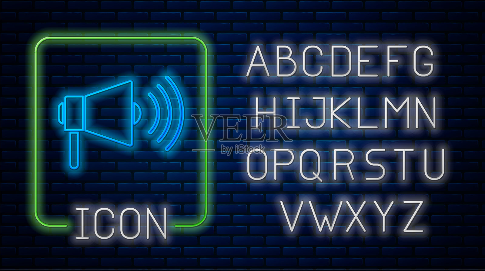 发光的霓虹灯扩音器图标孤立在砖墙上插画图片素材