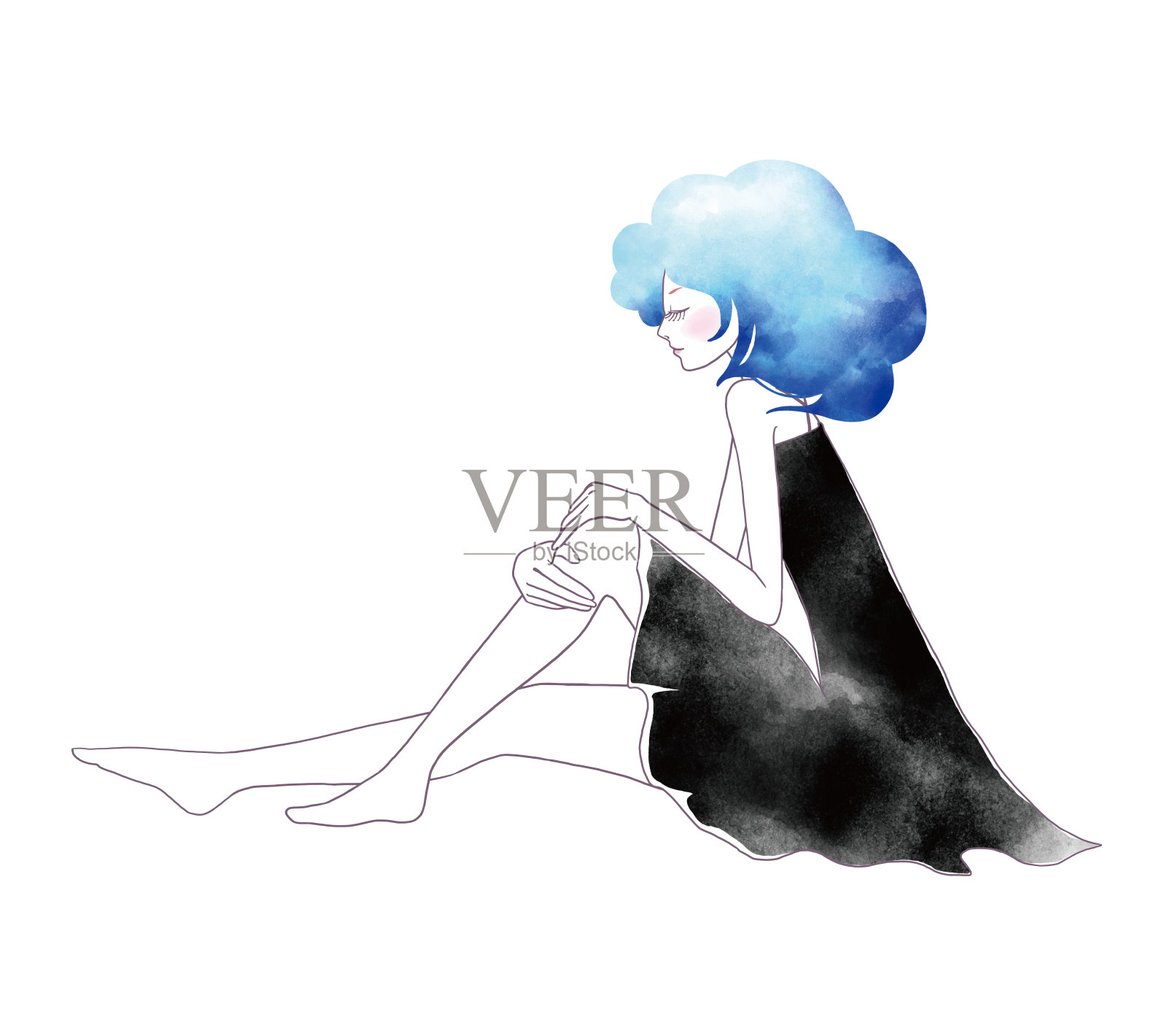 一个女人弯着腿坐在地上的插图插画图片素材