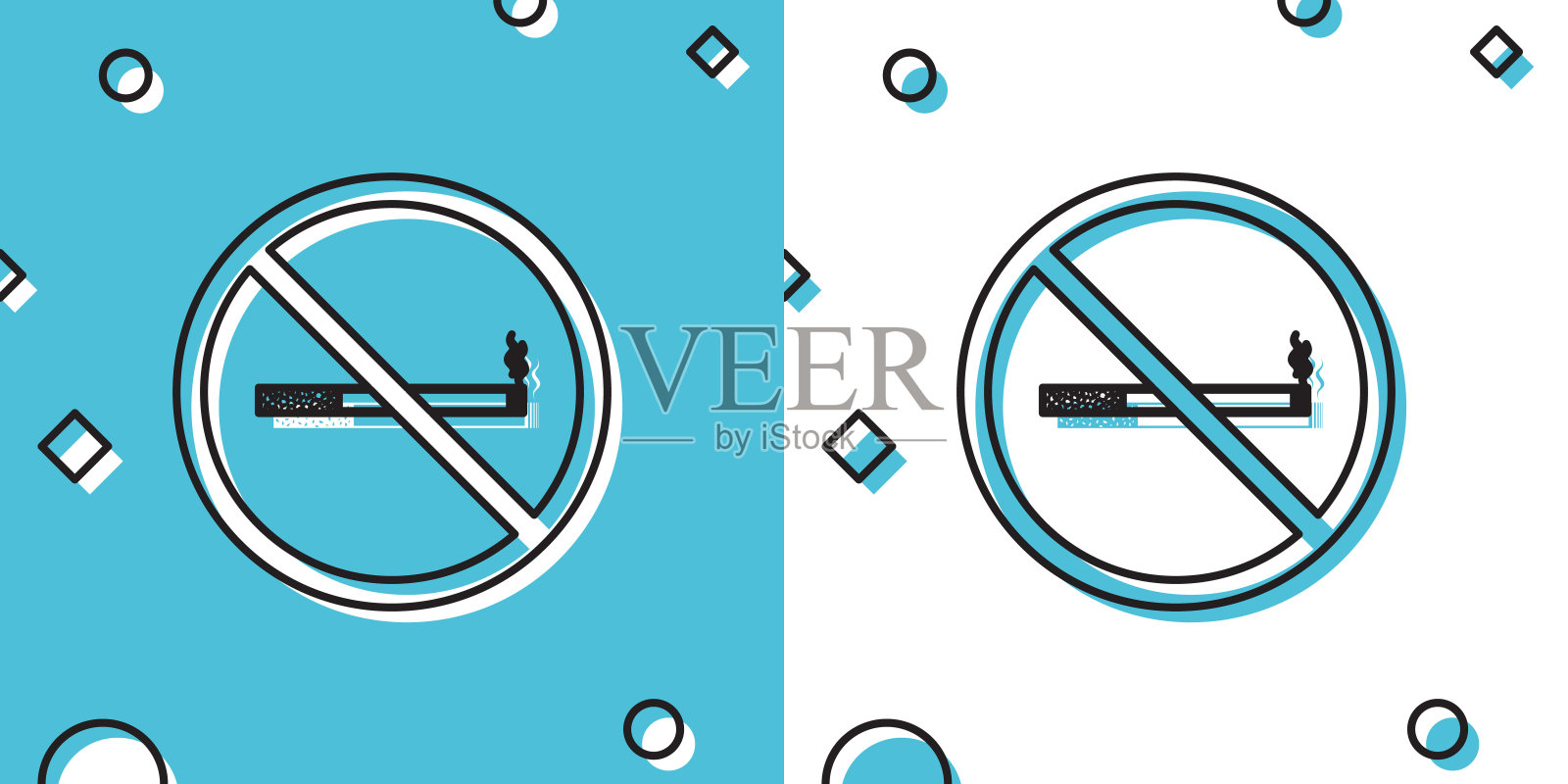 黑色禁止吸烟图标孤立在蓝色和白色的背景。香烟的象征。随机动态形状。矢量图插画图片素材