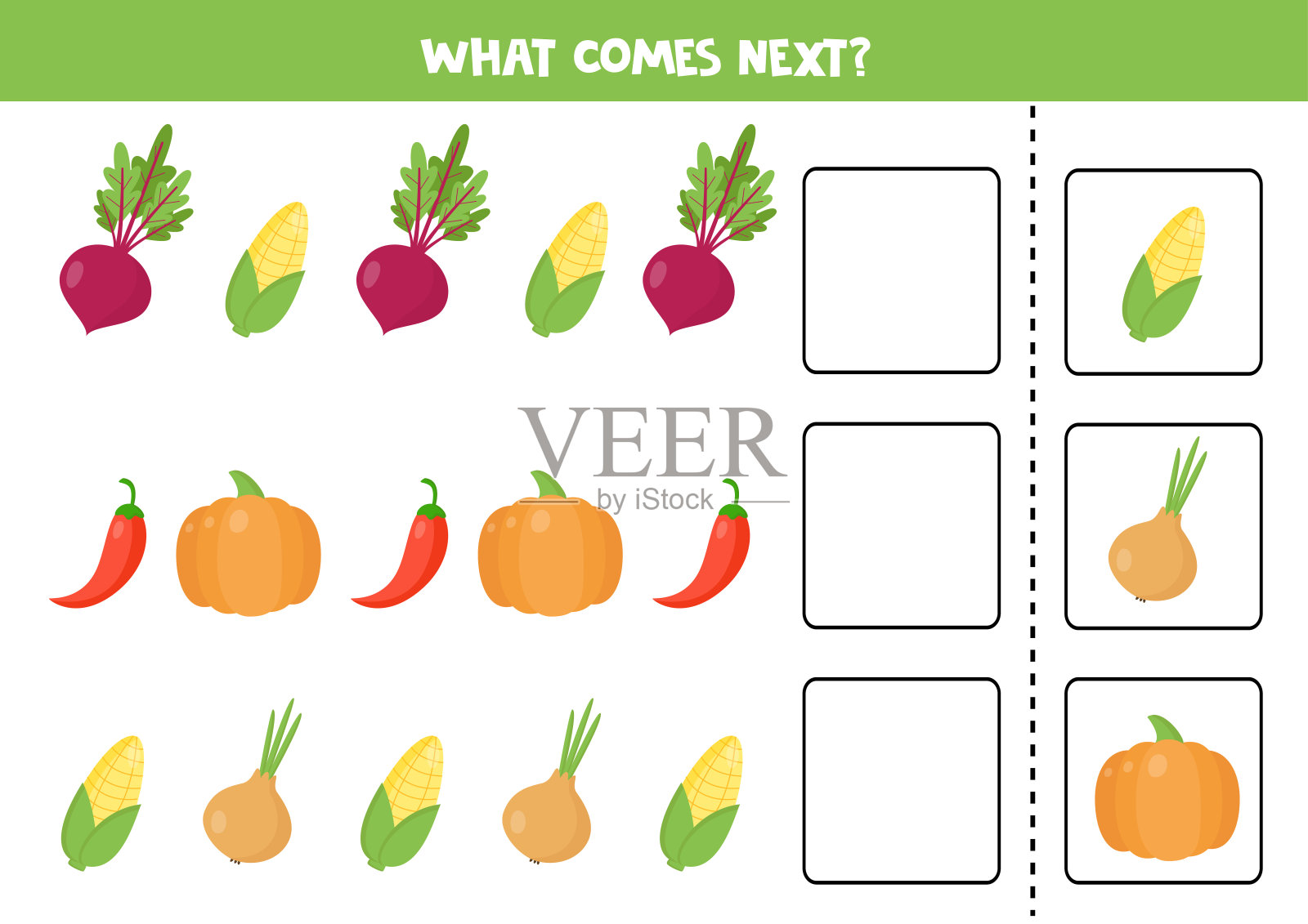 接下来是卡通蔬菜。甜菜根,玉米,南瓜,胡椒,洋葱。插画图片素材