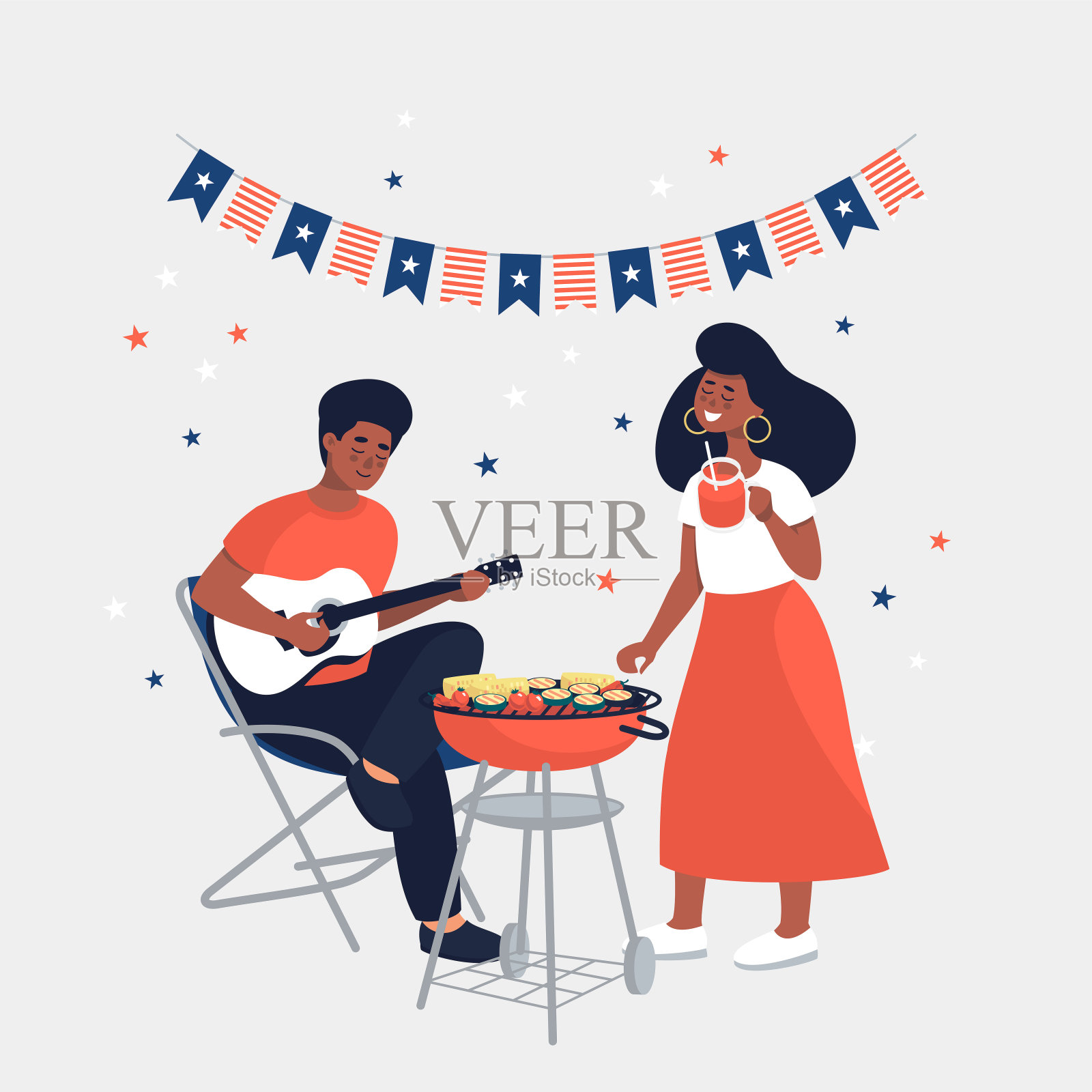 非洲裔男女烧烤庆祝7月4日独立日矢量图插画图片素材