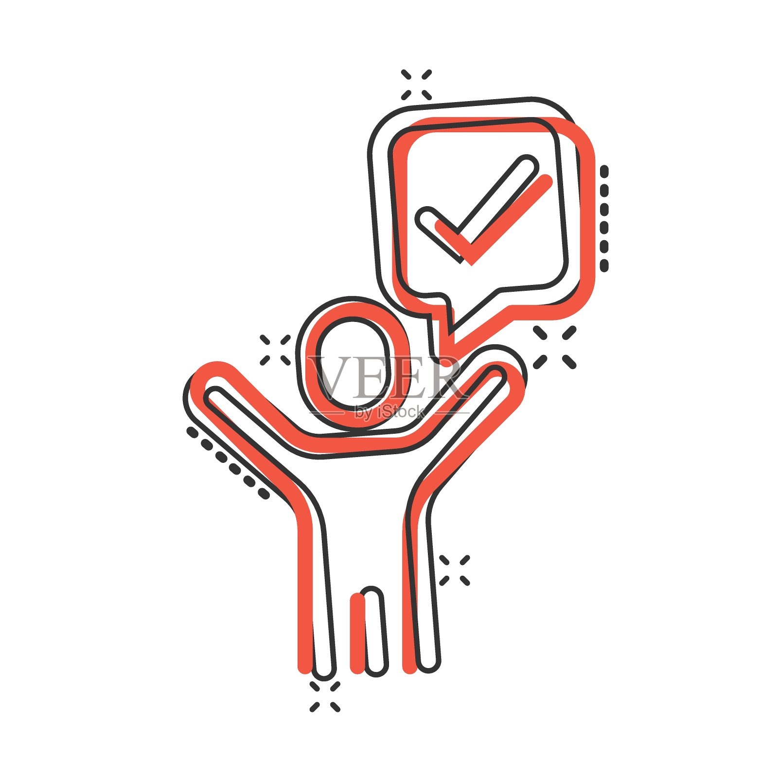 漫画风格的组织管理图标。人们与检查标记卡通矢量插图在白色孤立的背景。商人飞溅效应经营理念。插画图片素材