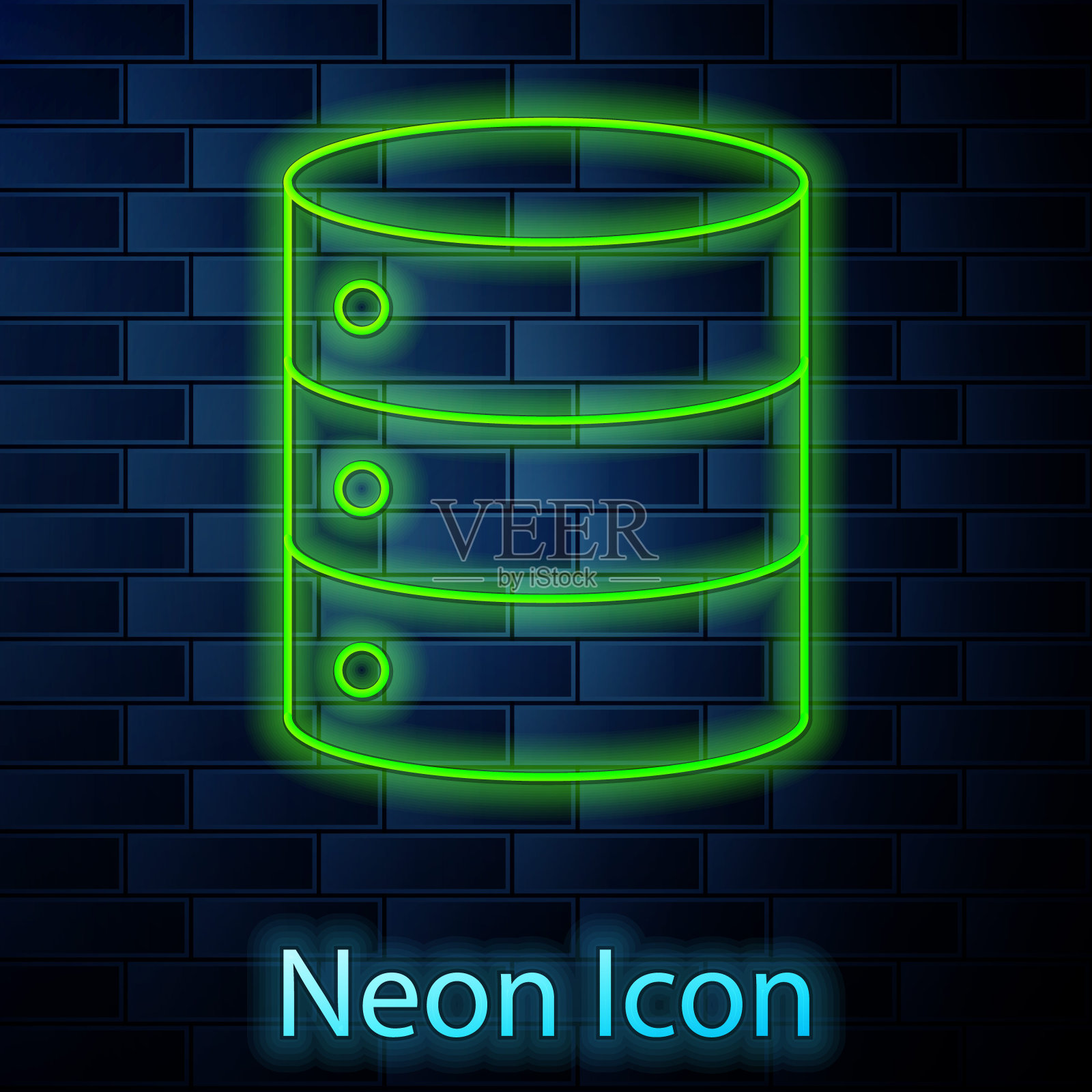 发光的霓虹灯线服务器,数据,Web主机图标隔离在砖墙背景。矢量图图标素材