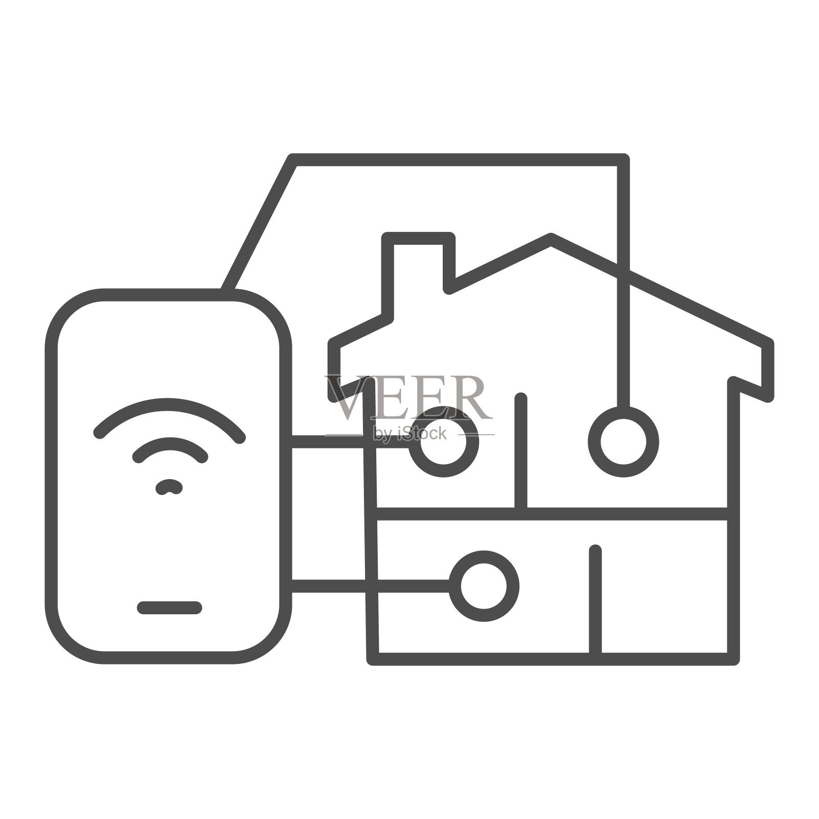 建筑和智能手机与连接细线图标,智能家居符号,白色背景上的远程控制矢量标志,设备在线覆盖图标的轮廓风格的移动,web。向量。插画图片素材