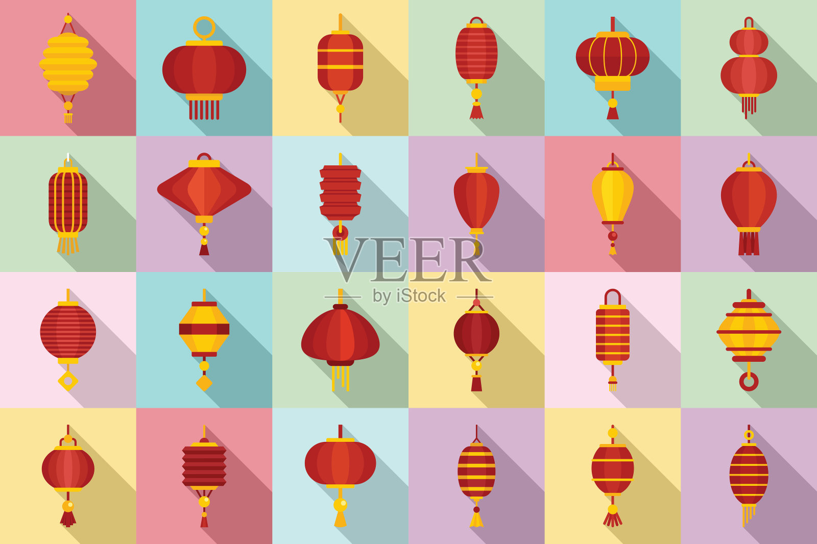 中国灯笼图标集,扁平风格插画图片素材