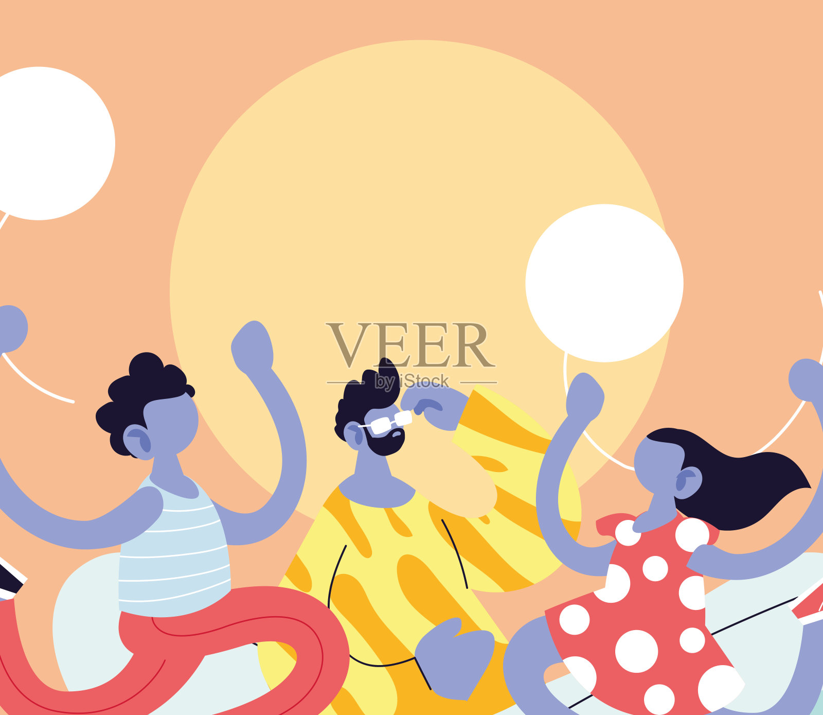 父子与女儿卡通气球矢量设计插画图片素材