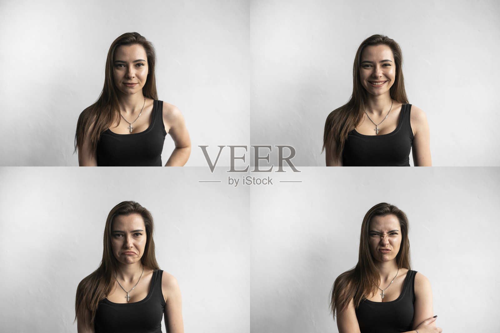 一组有着不同情感的年轻女子肖像。年轻美丽可爱的女孩表现出不同的情绪。大笑,微笑,愤怒,怀疑,恐惧,惊讶。照片摄影图片