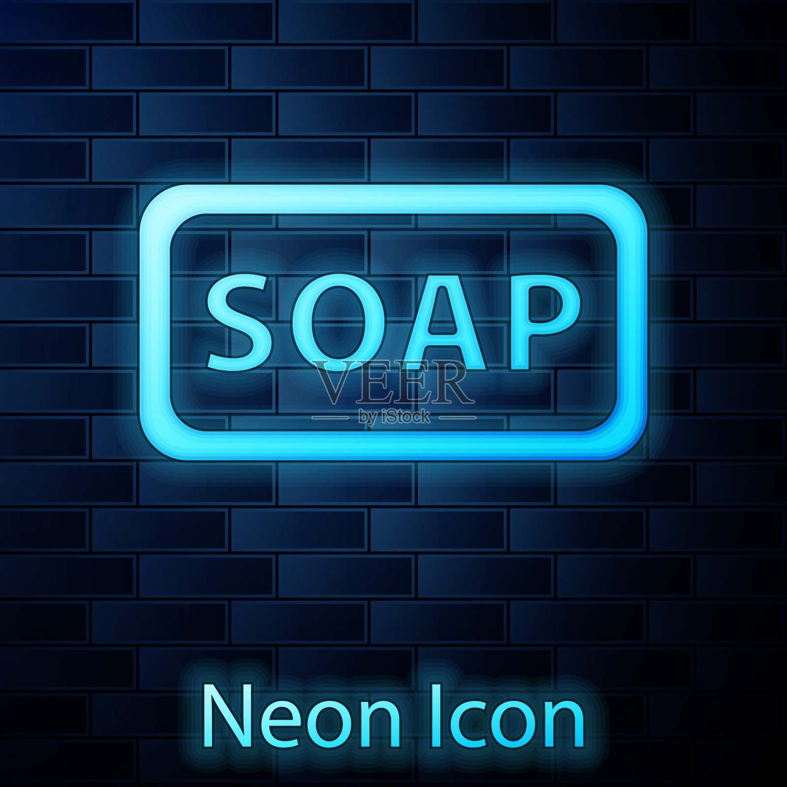 发光的霓虹灯肥皂图标条孤立在砖墙背景上。带泡泡的肥皂。矢量图插画图片素材