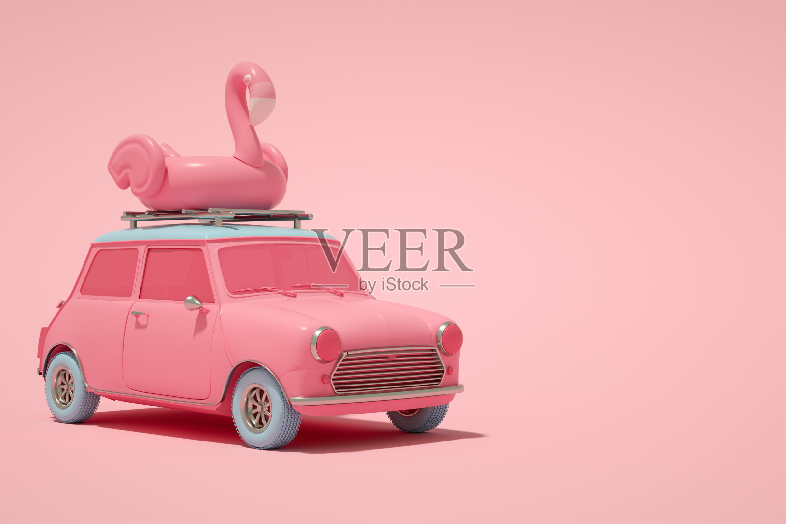 最小的夏季和旅游概念,3D汽车和充气火烈鸟照片摄影图片