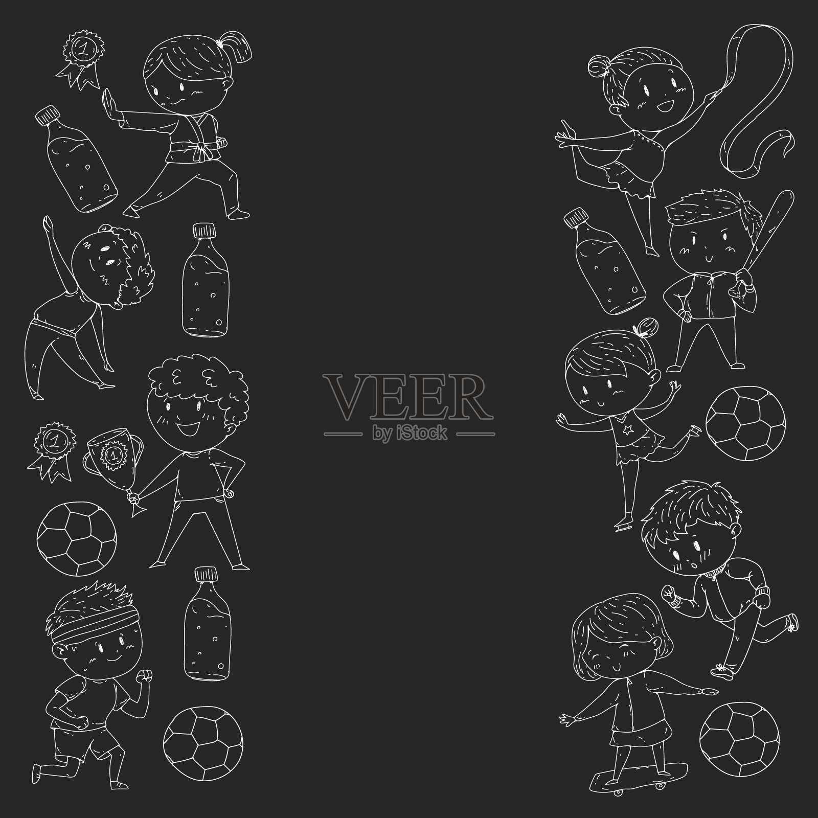 儿童和运动。矢量插图的活动。足球,足球,跑步,跳舞,武术。学校和幼儿园的保健。插画图片素材