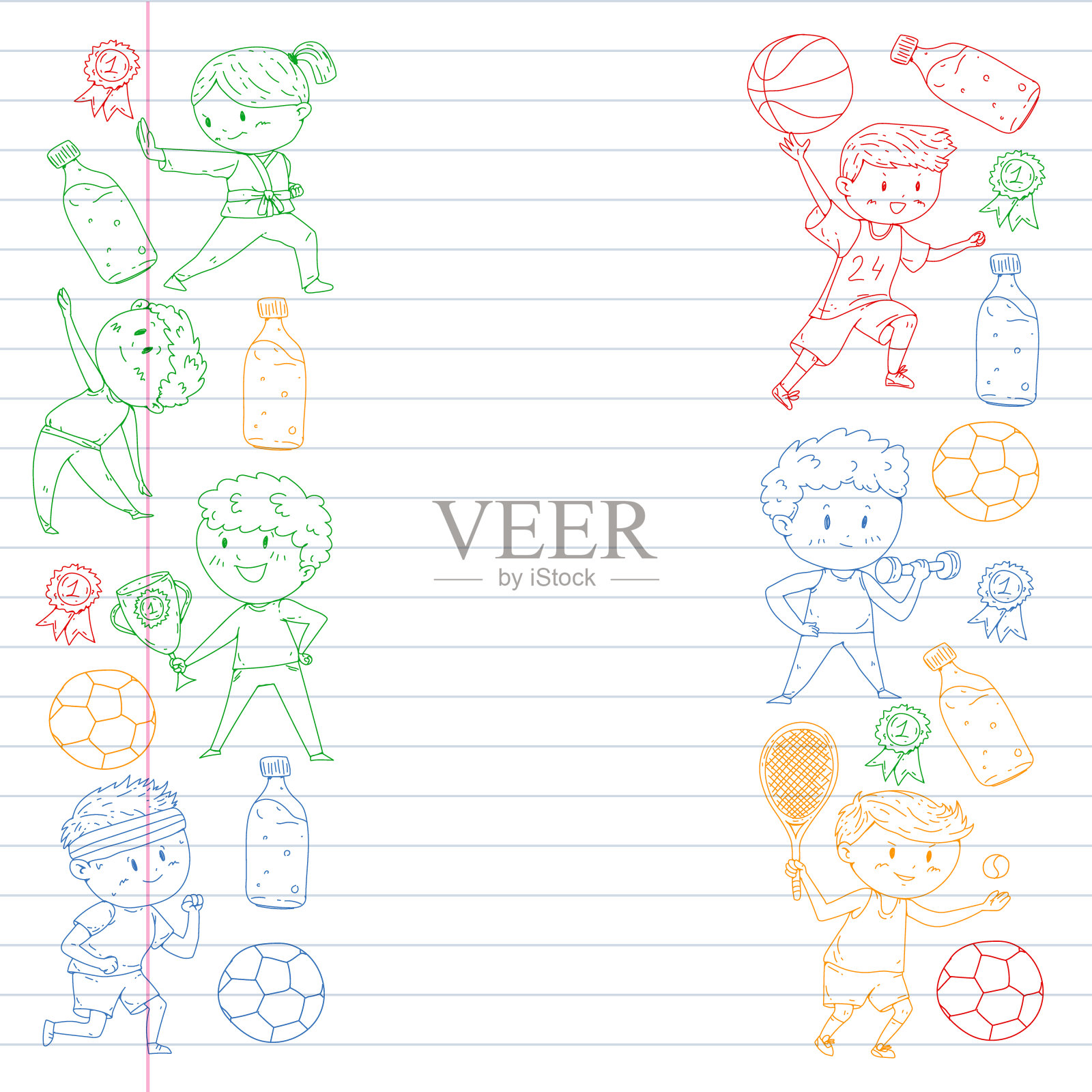 儿童和运动。矢量插图的活动。足球,足球,跑步,跳舞,武术。学校和幼儿园的保健。插画图片素材