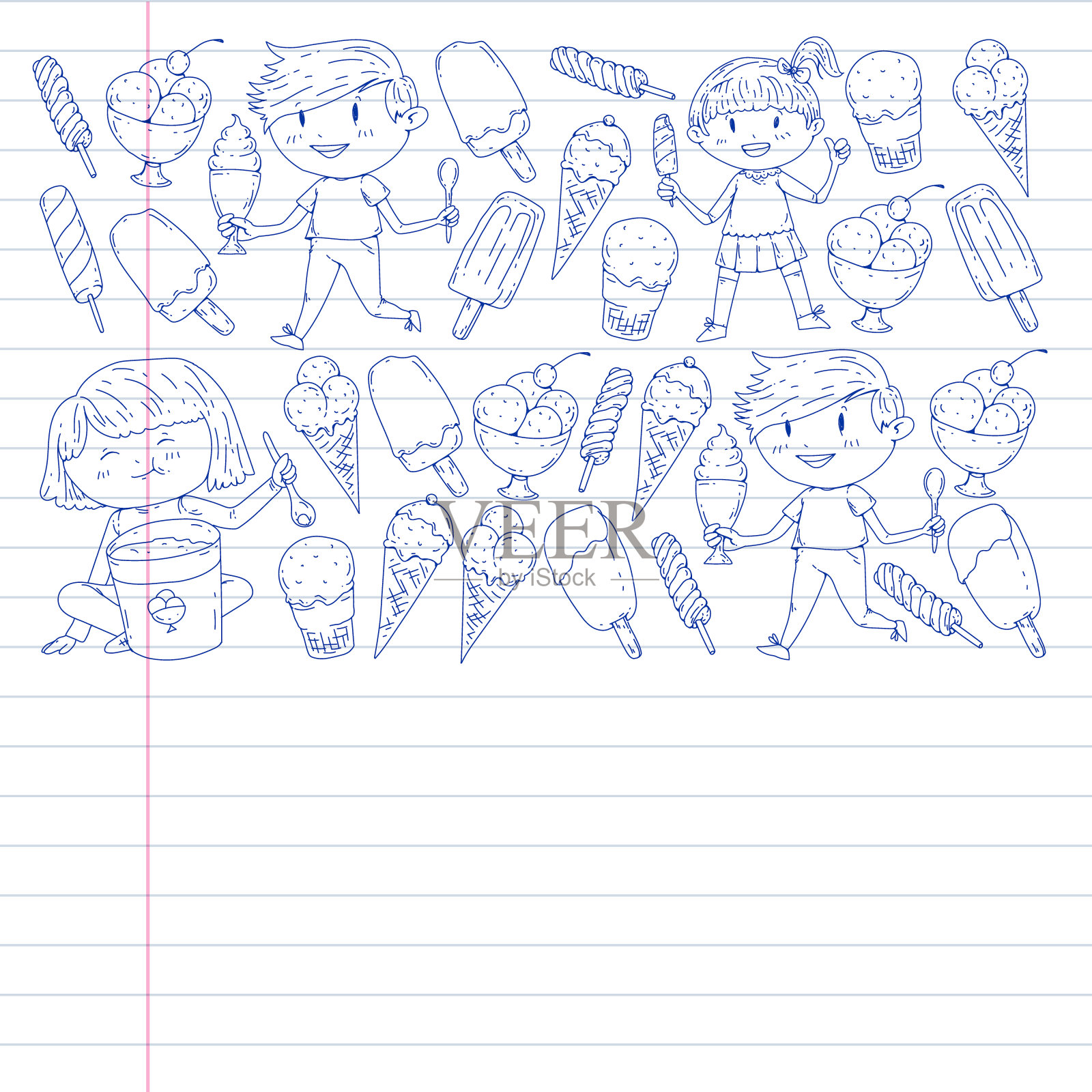小孩子在吃冰淇淋。暑假。甜果沙漠。插画图片素材