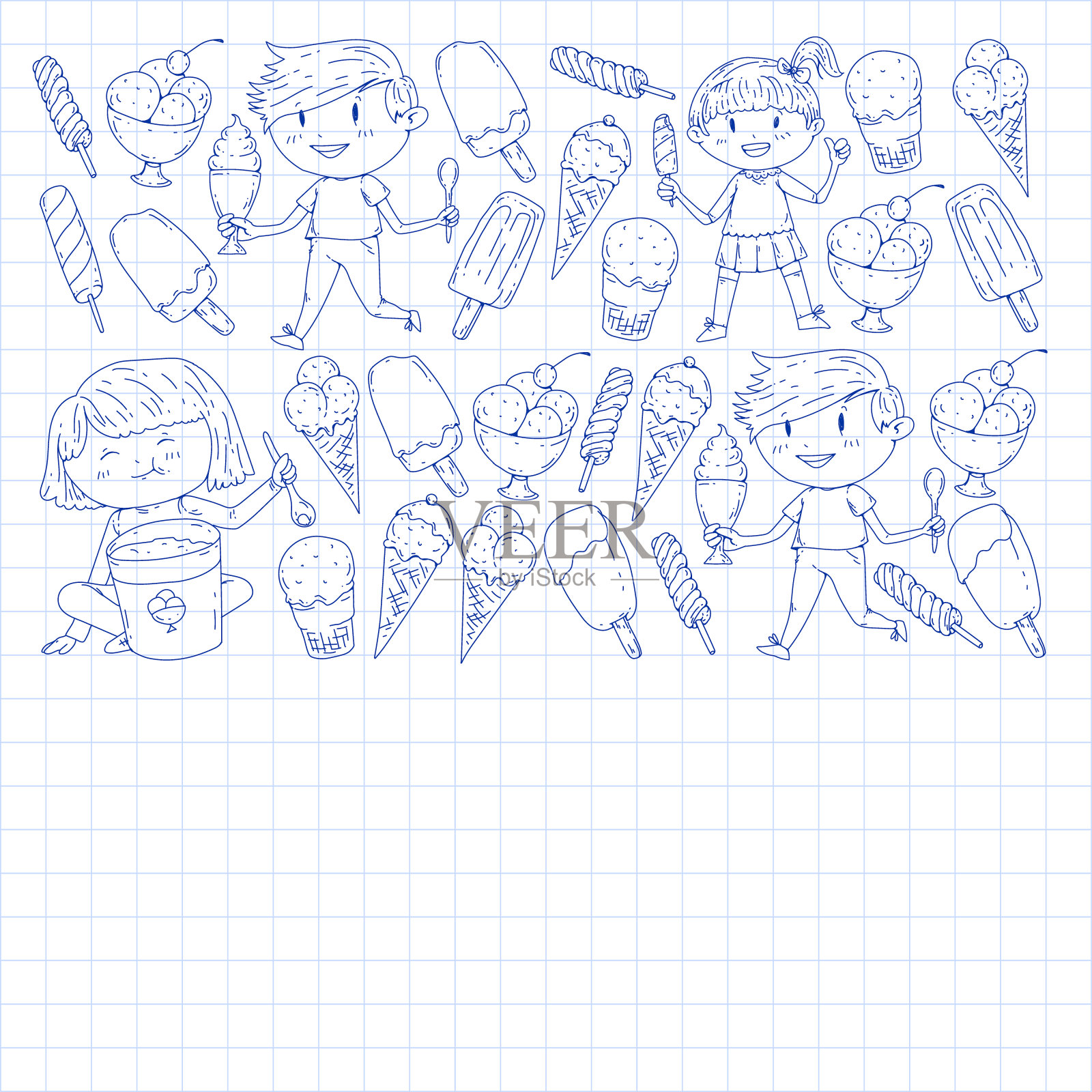 小孩子在吃冰淇淋。暑假。甜果沙漠。插画图片素材