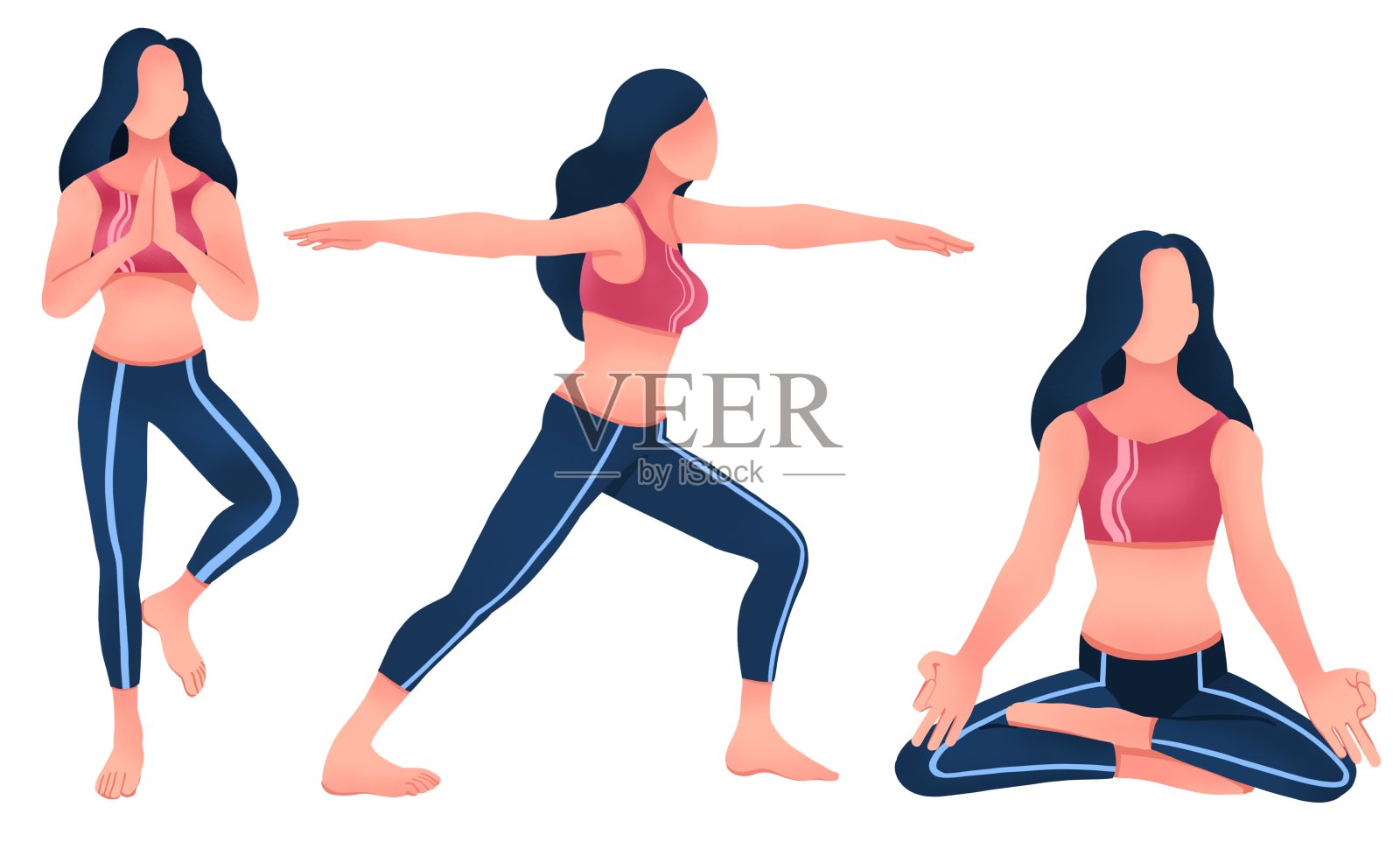 设置女性在白色背景上做瑜伽,瑜伽冥想的概念插画图片素材