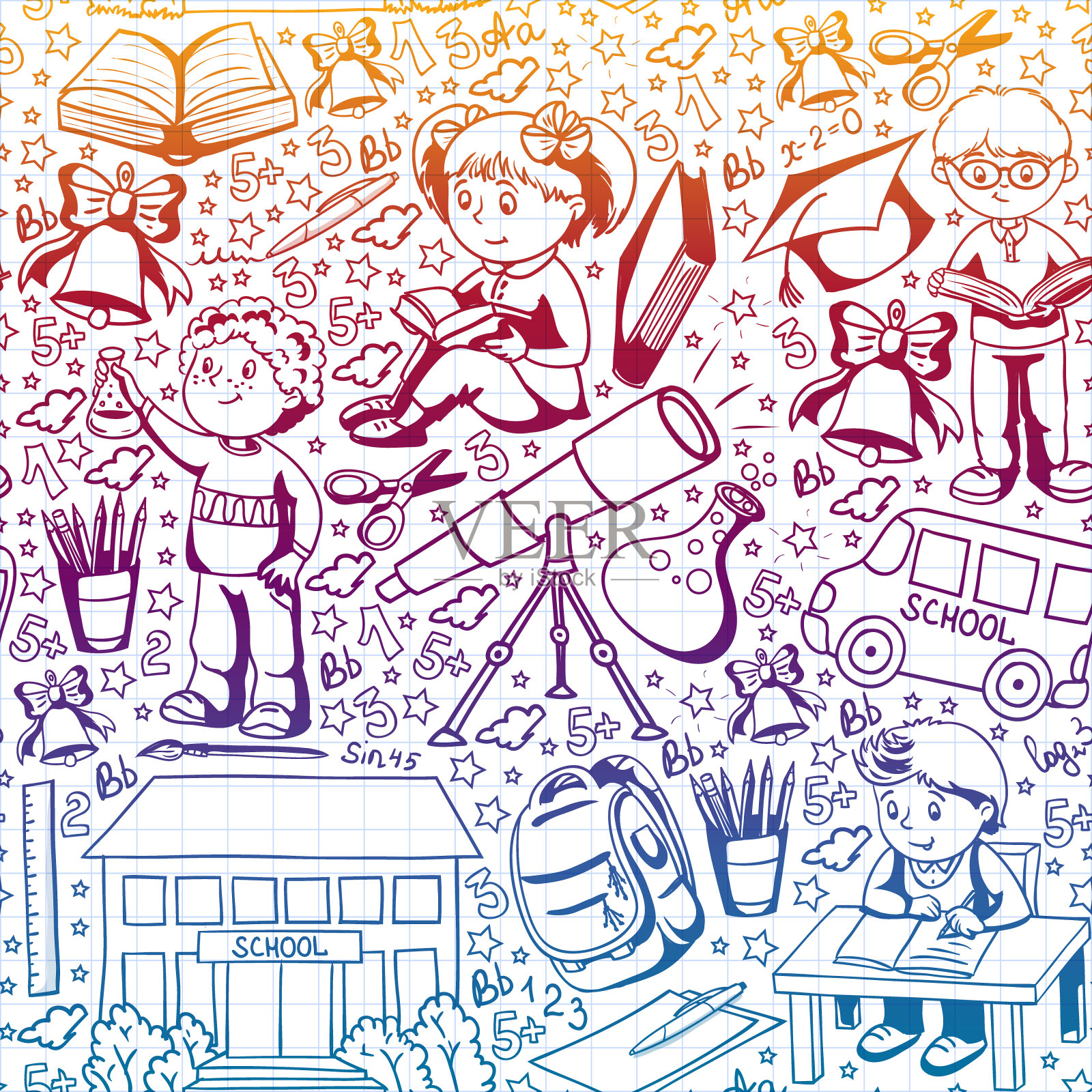 带小孩的矢量模式。回到学校。地理,几何,数学,物理,化学,天文学插画图片素材