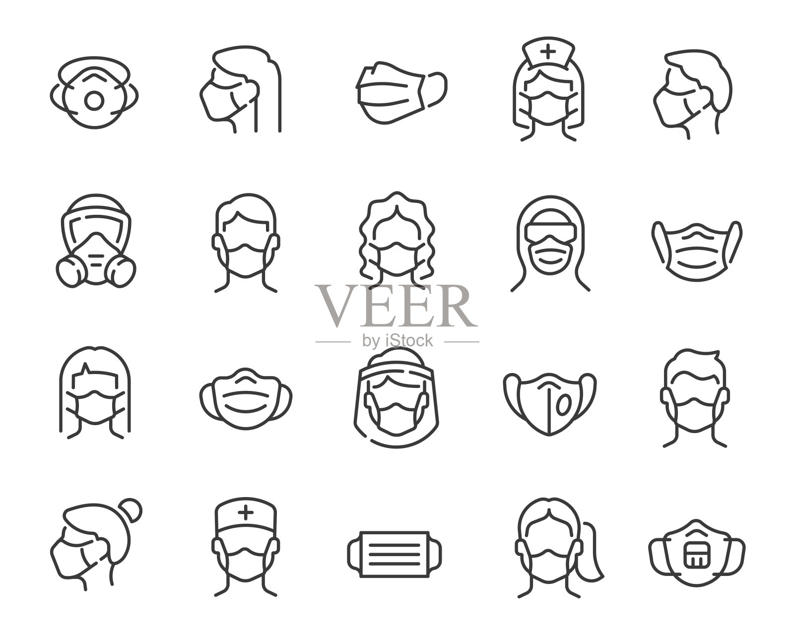 医疗面具图标设置。可编辑的矢量中风图标素材