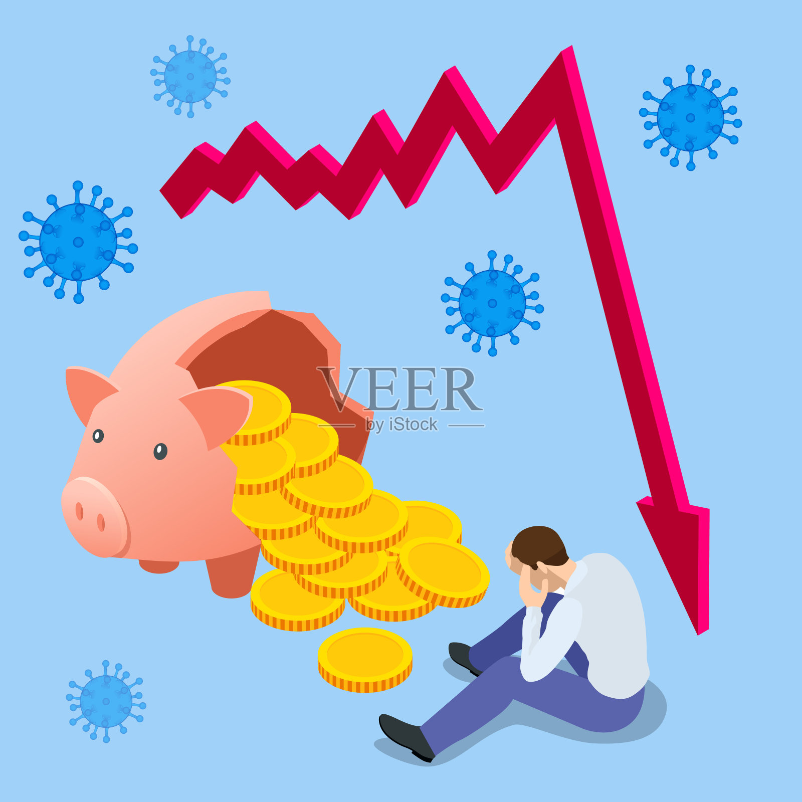 2020年全球经济的等距影响。冠状病毒或COVID-19大流行对全球的影响。破碎的小猪储蓄罐是经济衰退的象征插画图片素材