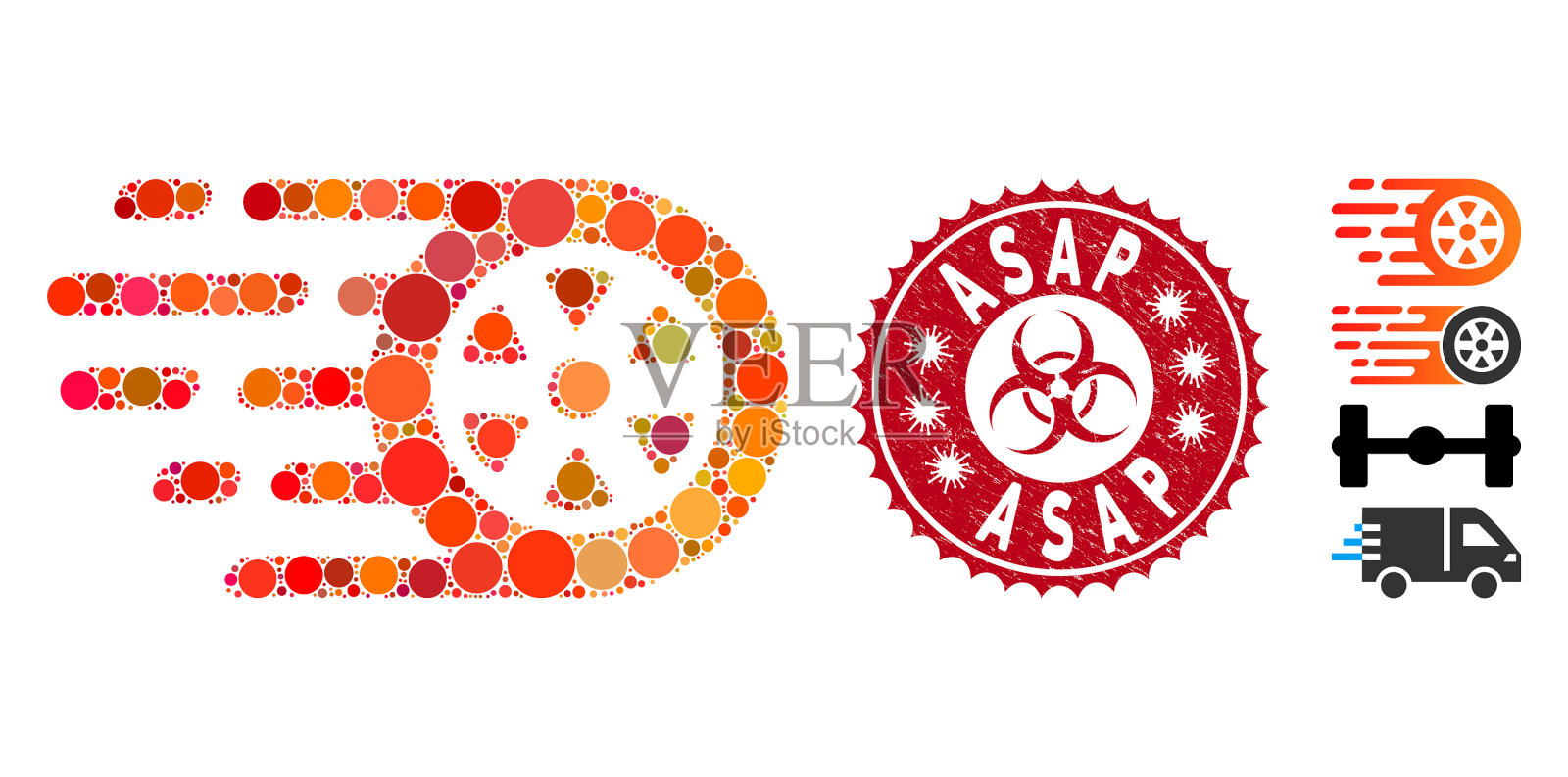 拼贴火球汽车车轮图标与危难尽快插画图片素材