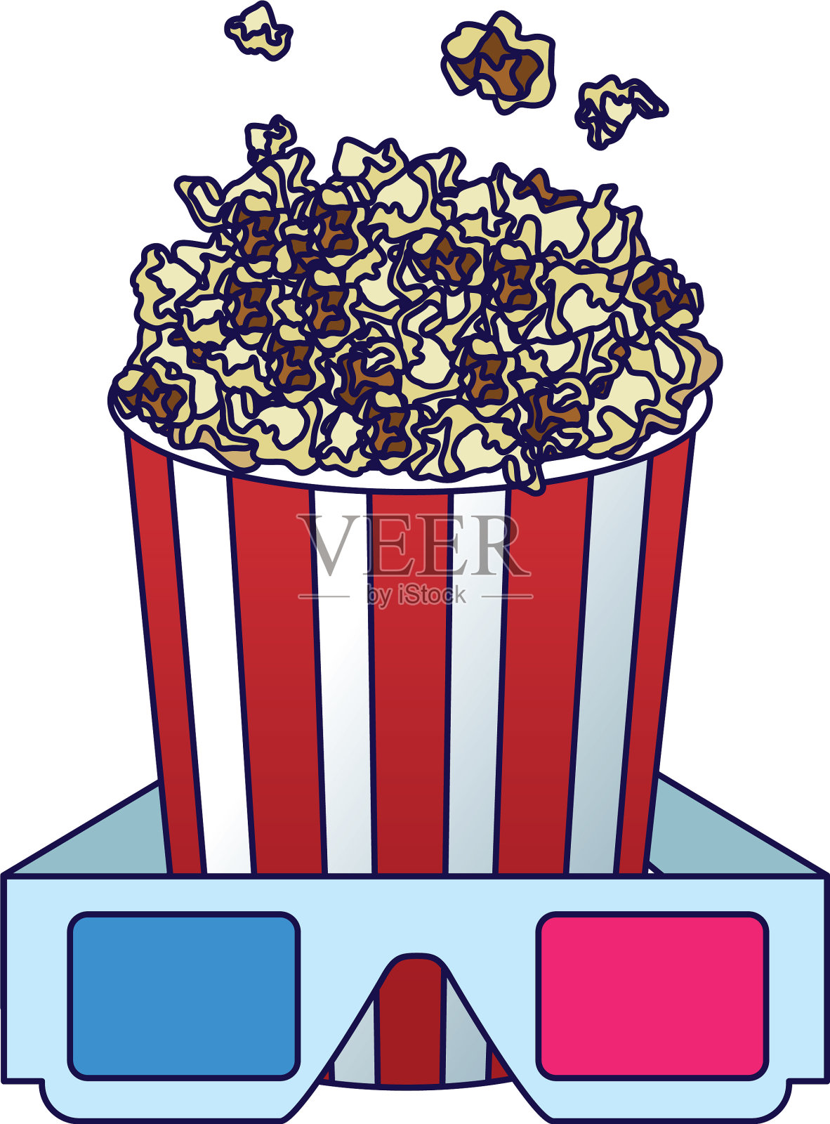 爆米花碗与3d眼镜彩色设计插画图片素材