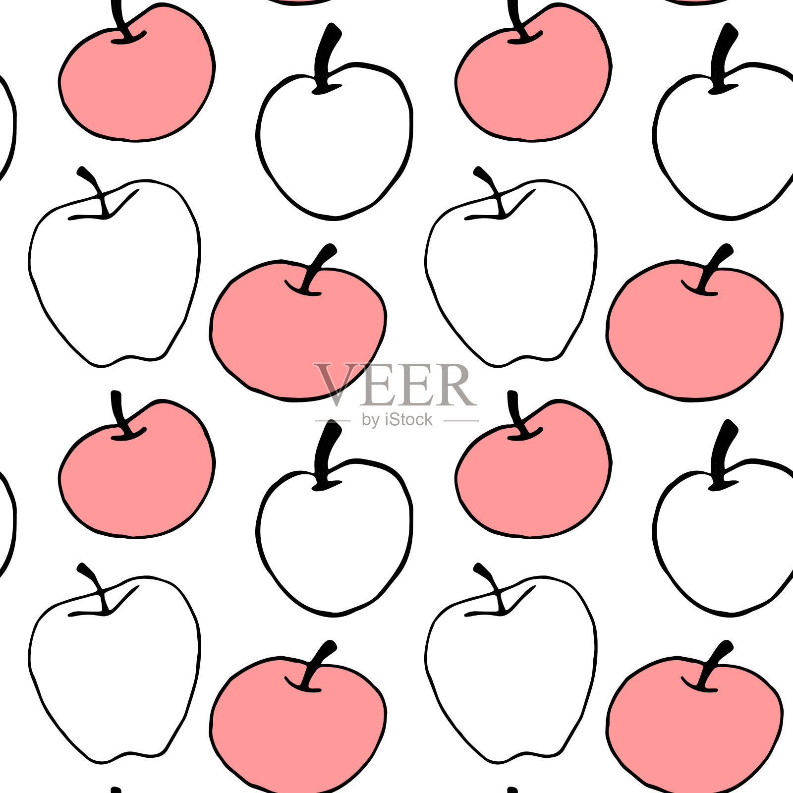红粉色轮廓苹果无缝矢量颜色图案。夏天秋天背景。完美的返回学校,苹果采摘,食品包装,厨房纺织品设计元素图片