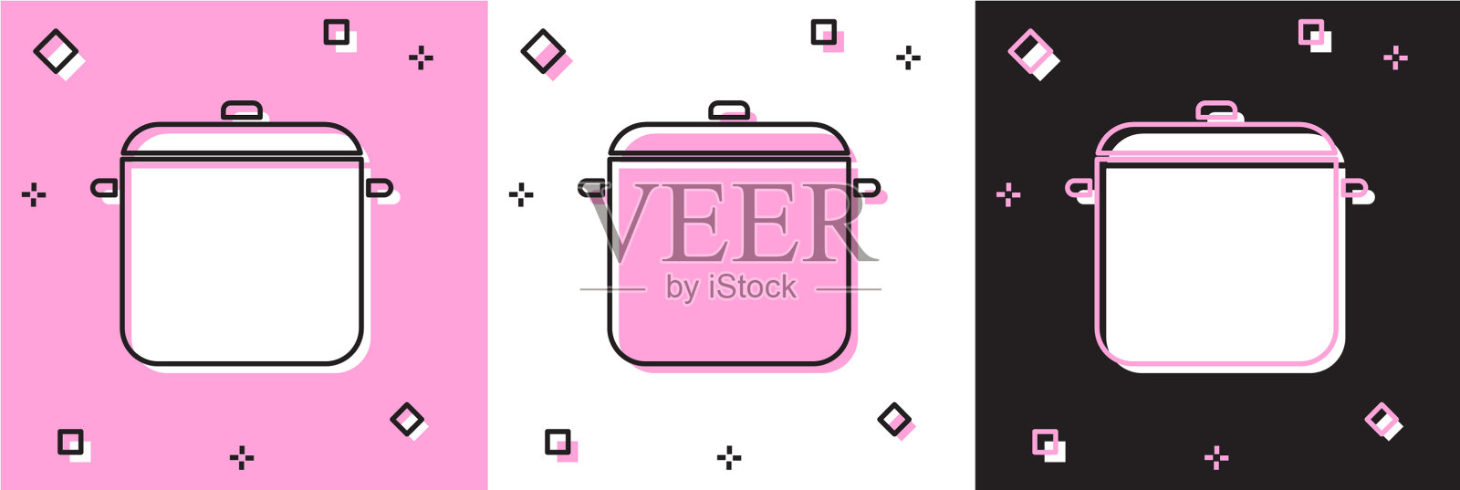 设置烹饪锅图标隔离在粉红色和白色插画图片素材