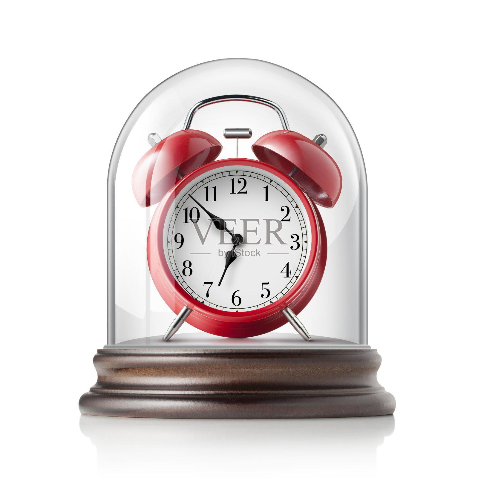 沉默。闹钟在玻璃钟罩。照片摄影图片