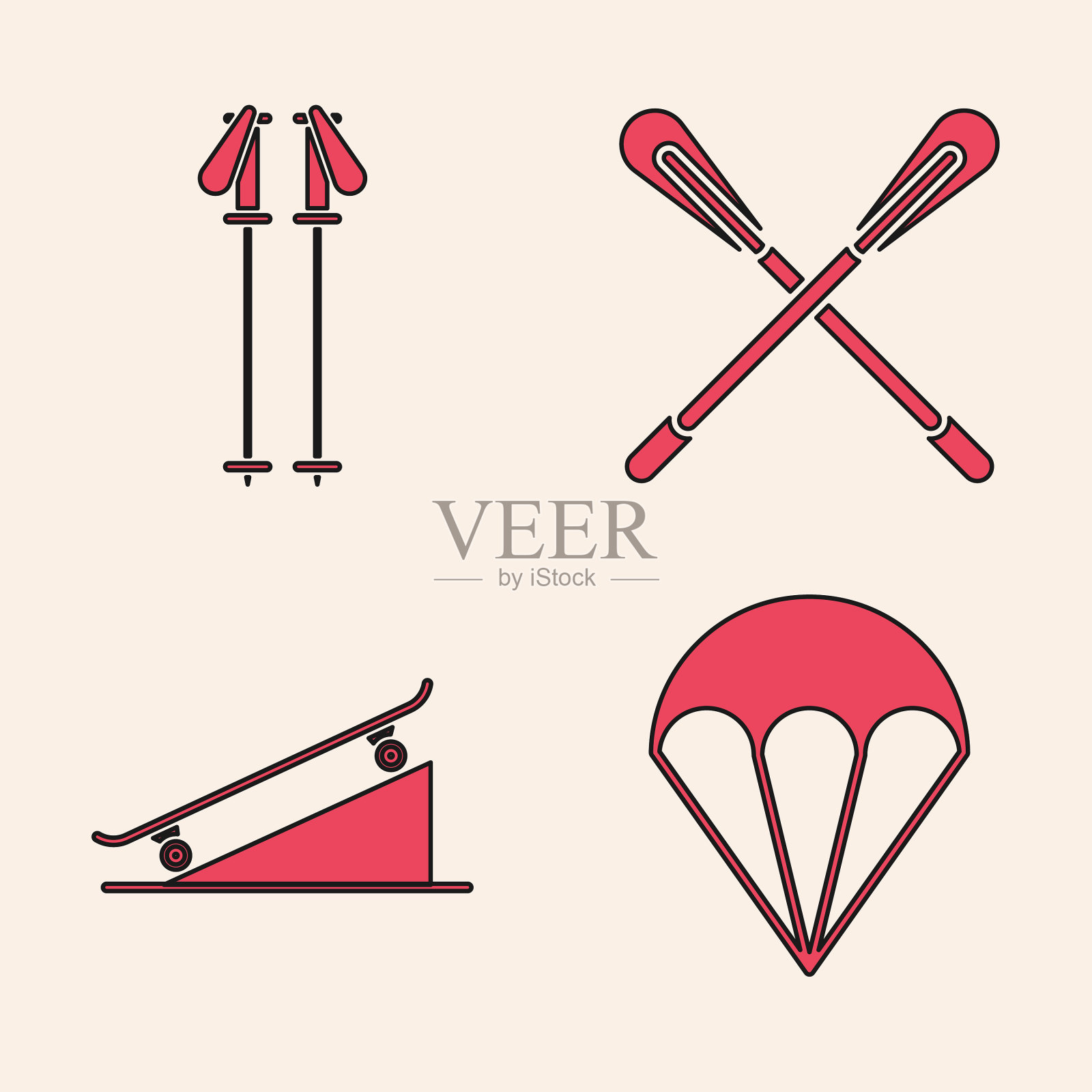 设置降落伞滑雪杆交叉桨和图标素材