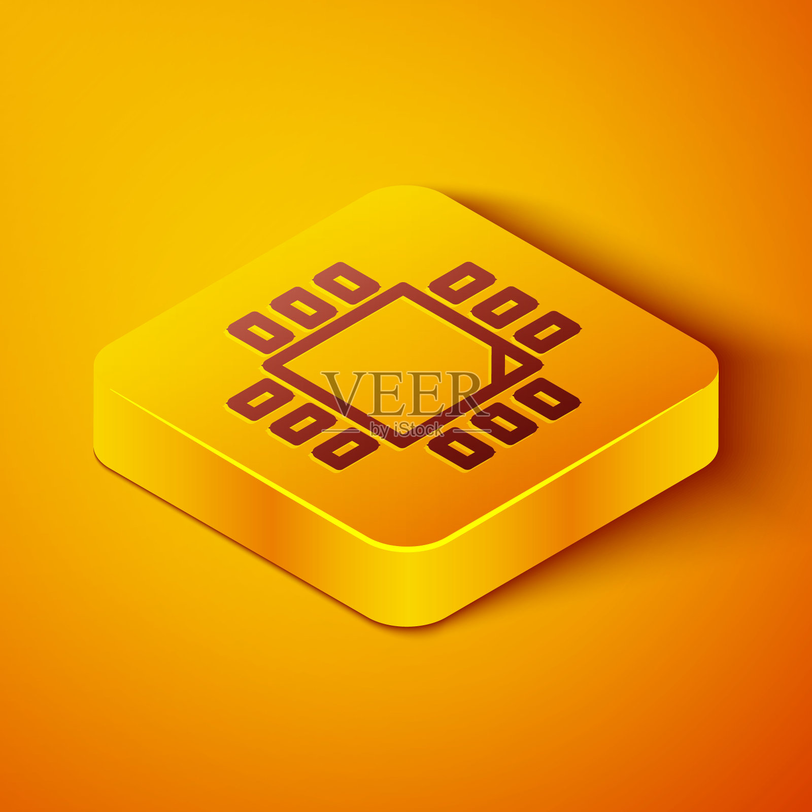 具有微电路的计算机处理器CPU图标隔离在橙色背景上。带有电路板的芯片或cpu。微处理器。黄色正方形按钮。矢量图插画图片素材