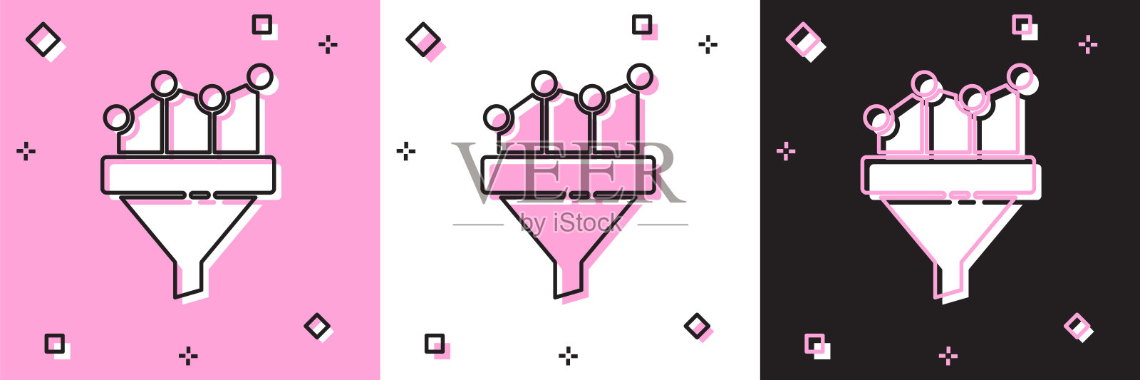 将销售漏斗与营销图表和初创企业图标隔离在粉红色和白色,黑色的背景上。信息图表模板。矢量图插画图片素材