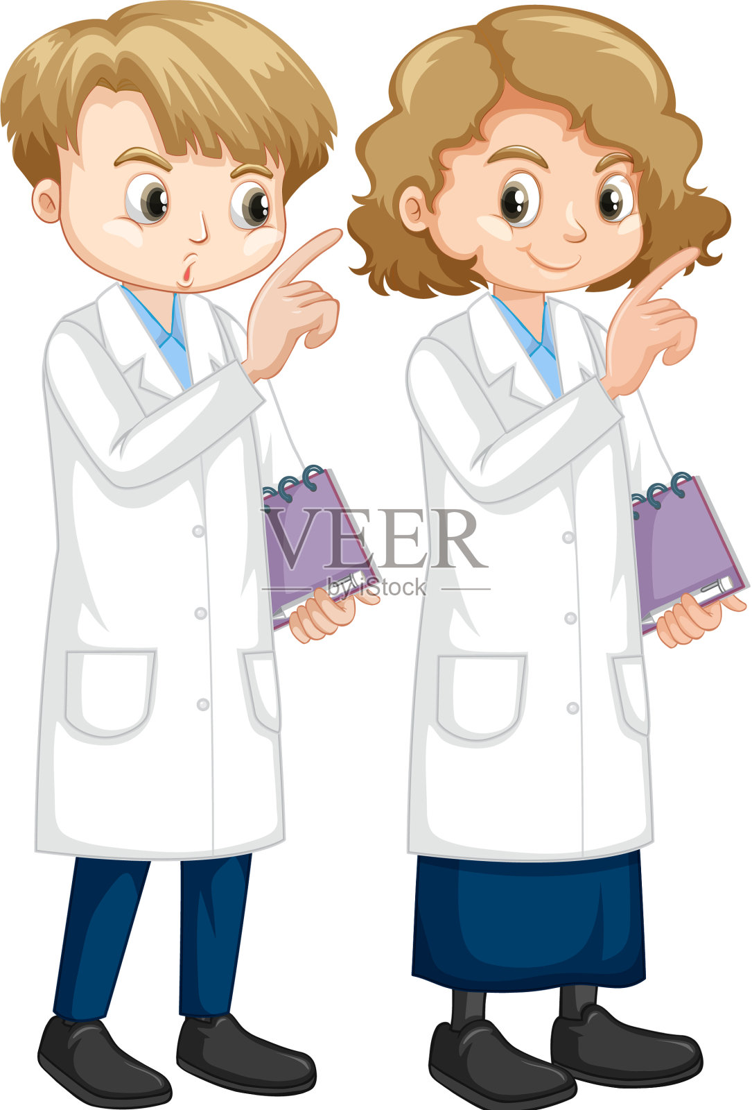 男孩和女孩穿着实验服拿着笔记本设计元素图片