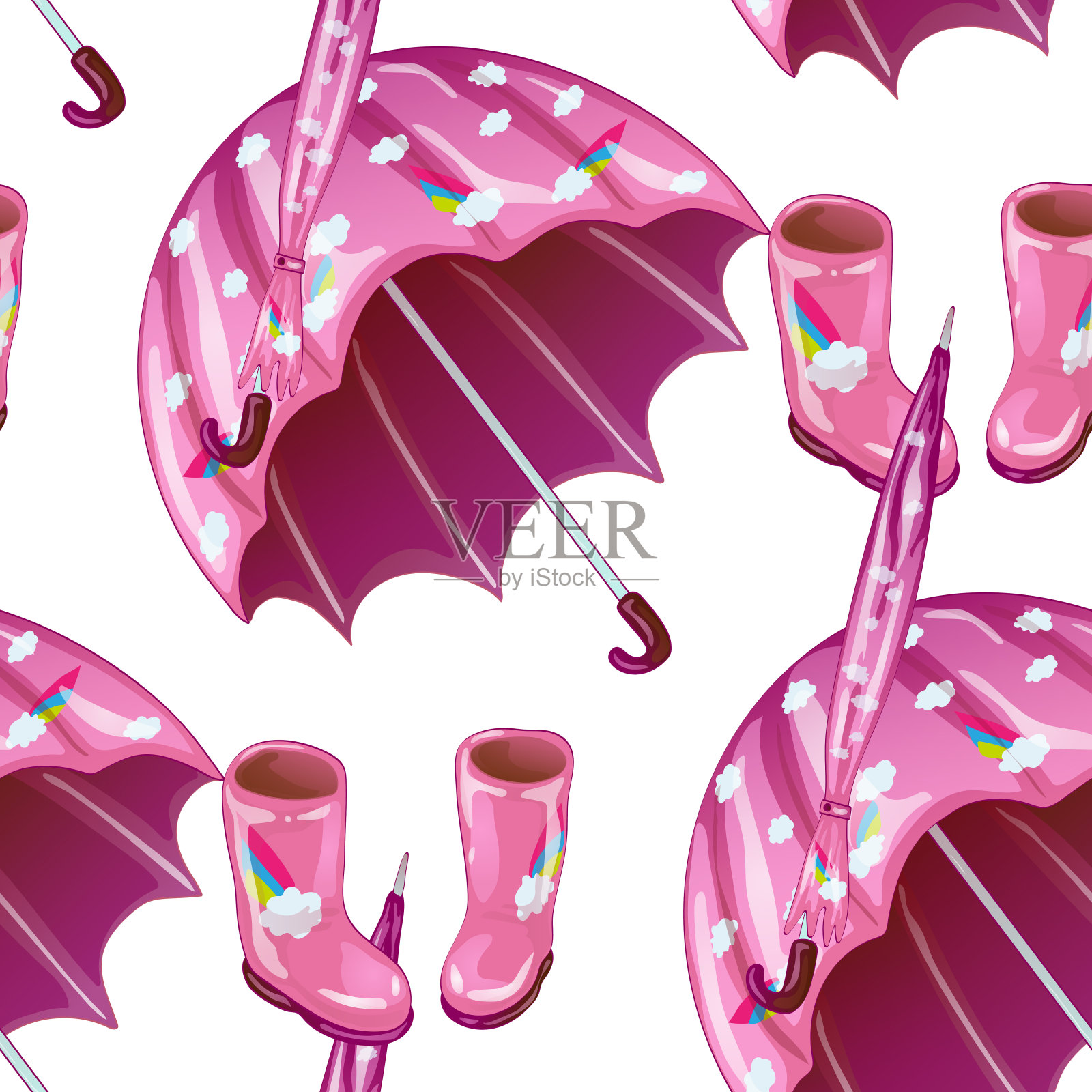 粉色橡胶靴子和伞在矢量风格孤立。插画图片素材