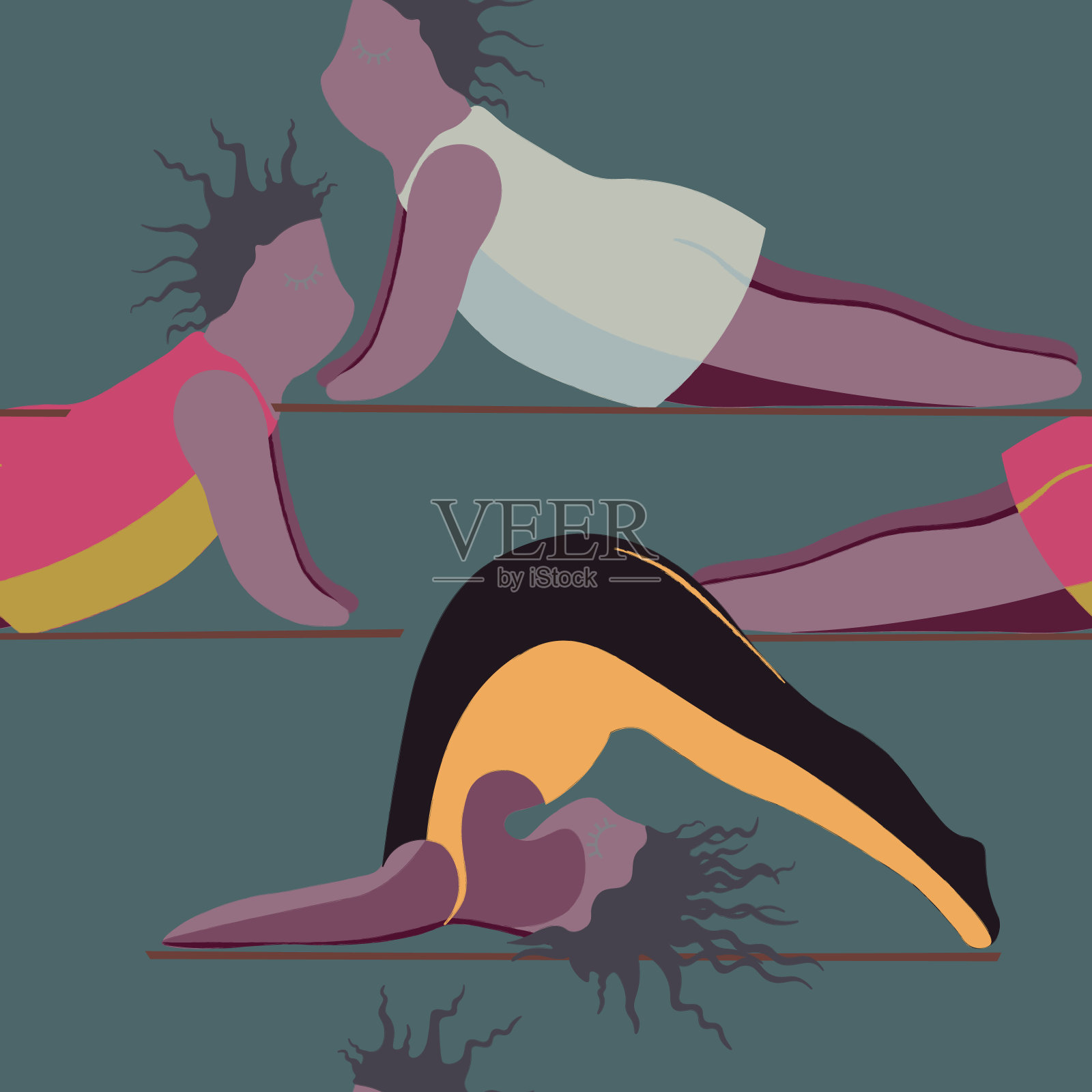 女孩做瑜伽。无缝模式女性姿势瑜伽插画图片素材